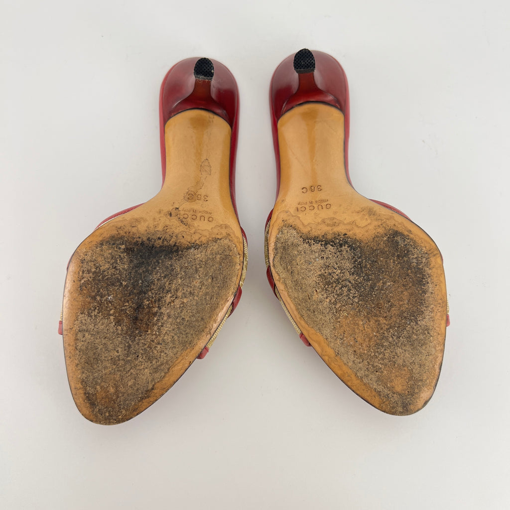 Gucci | Tom Ford Era Horse Bit Red Monogram GG Canvas Mules (36)
