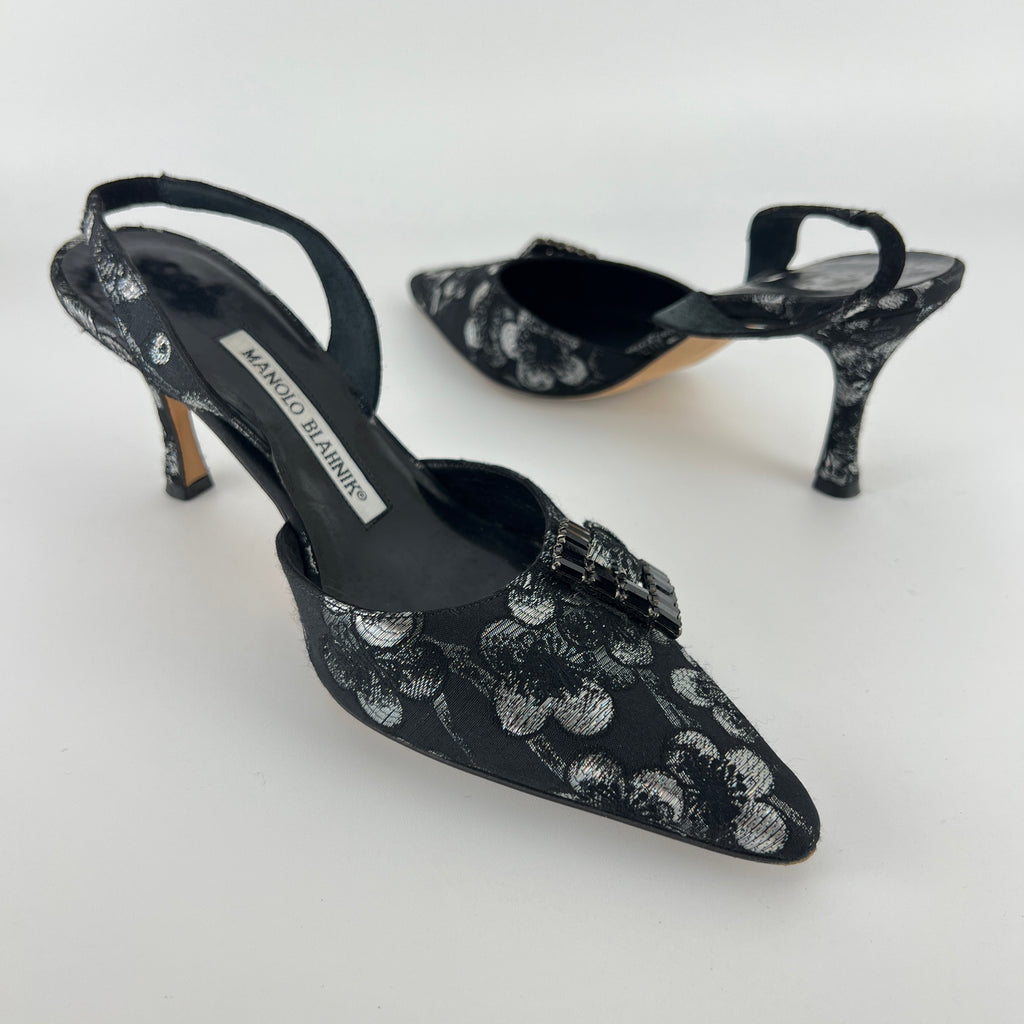 Manolo Blahnik | Vintage Limited Edition 2006/2007 Black Floral Gem Buckle Pointed Heels (36)