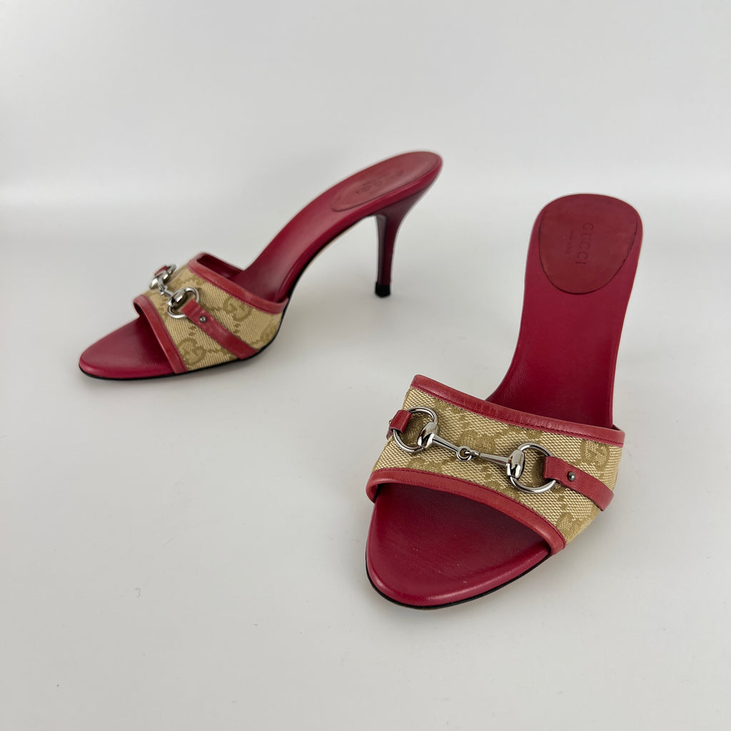 Gucci | Tom Ford Era Horse Bit Red Monogram GG Canvas Mules (36)