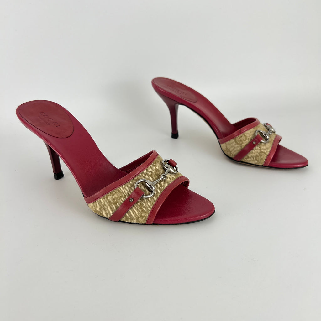 Gucci | Tom Ford Era Horse Bit Red Monogram GG Canvas Mules (36)