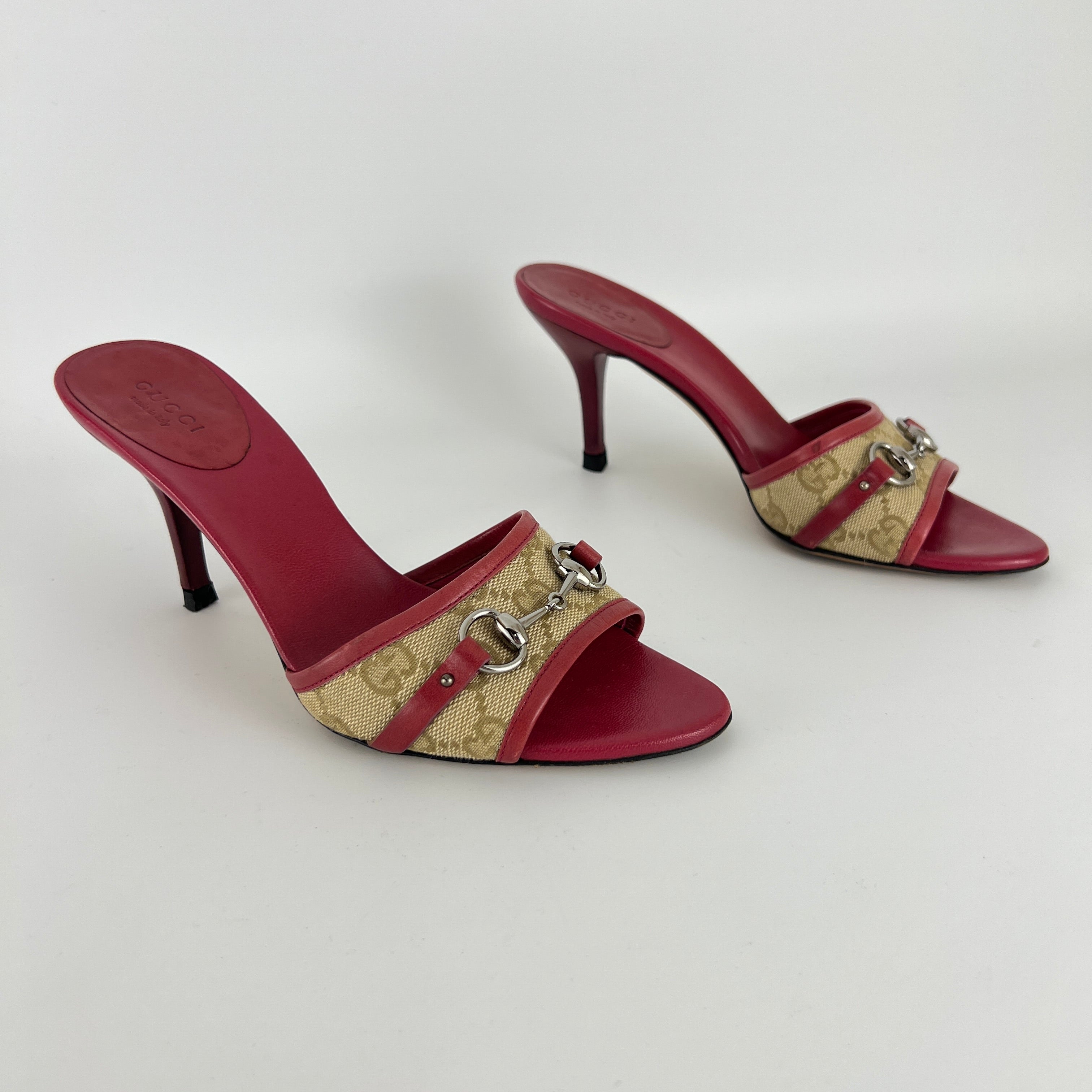 Gucci | Tom Ford Era Horse Bit Red Monogram GG Canvas Mules (36)