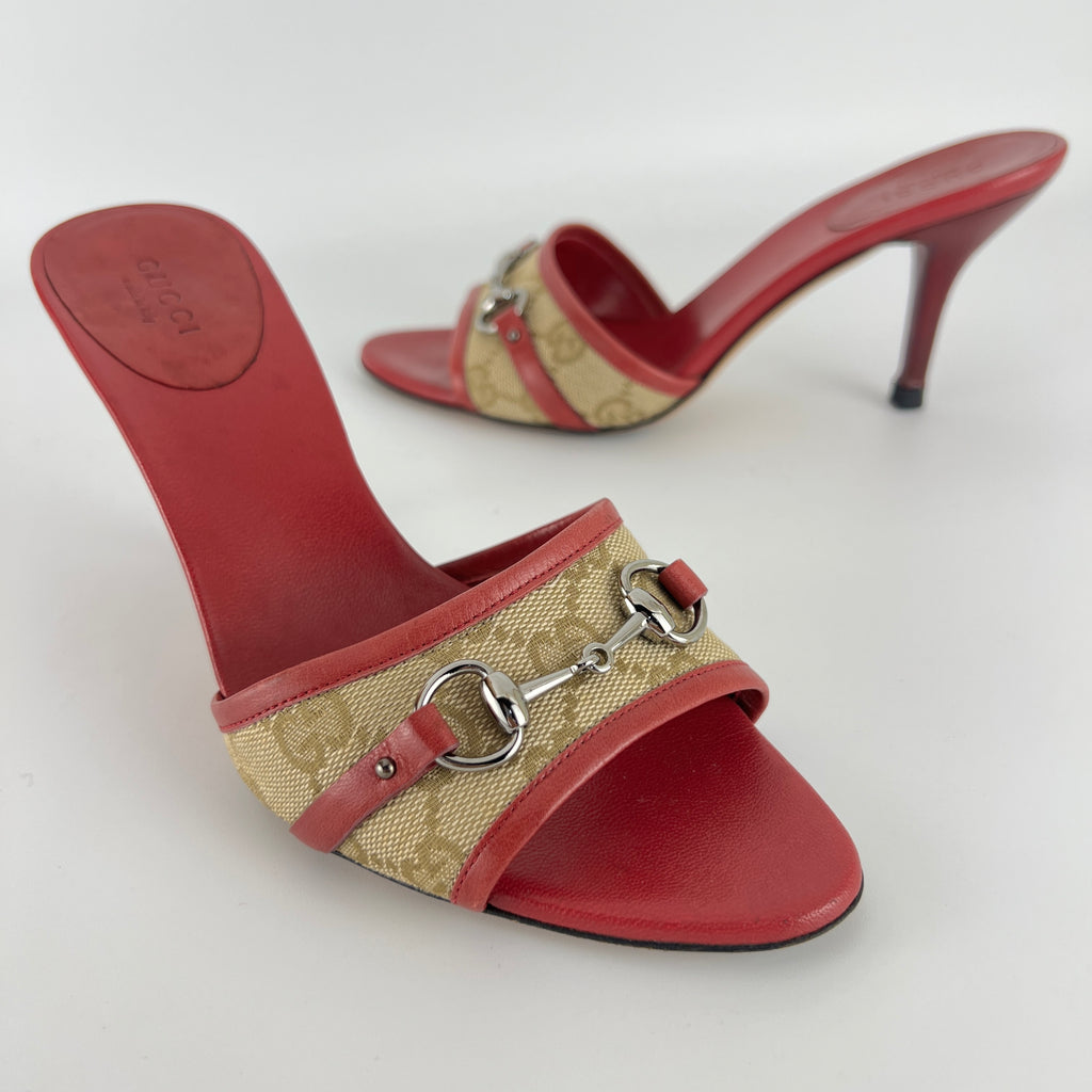 Gucci | Tom Ford Era Horse Bit Red Monogram GG Canvas Mules (36)