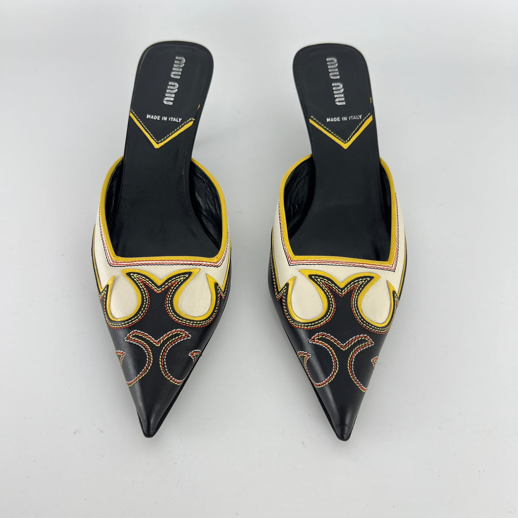 Miu Miu | Vintage Western Black White Yellow Leather Pointed Toe Slide Mules (35.5)
