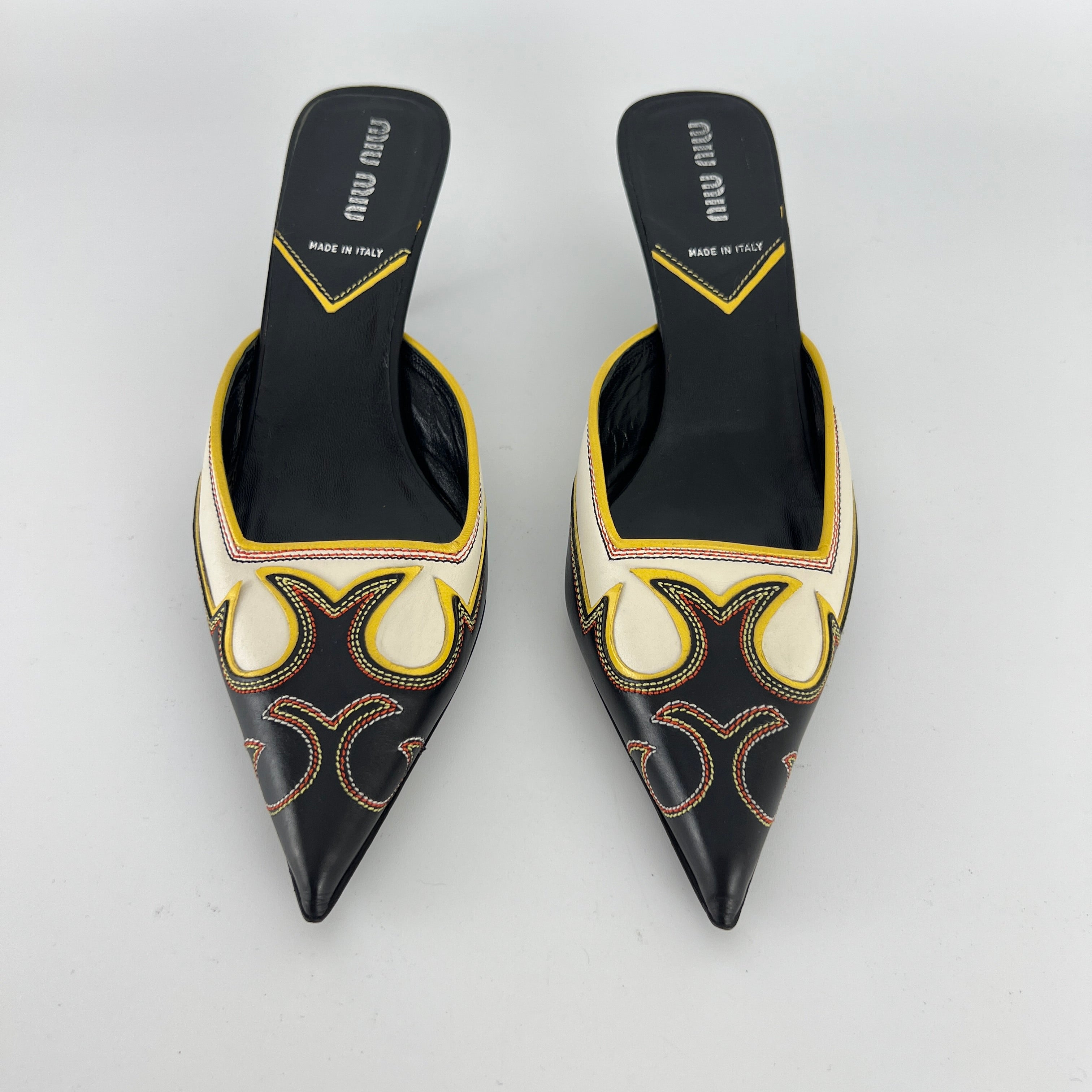 Miu Miu | Vintage Western Black White Yellow Leather Pointed Toe Slide Mules (35.5)