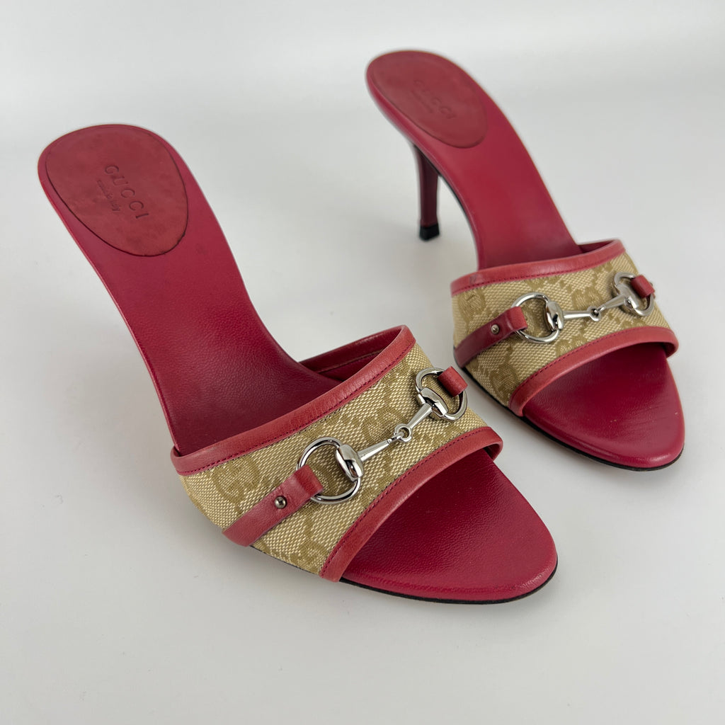 Gucci | Tom Ford Era Horse Bit Red Monogram GG Canvas Mules (36)