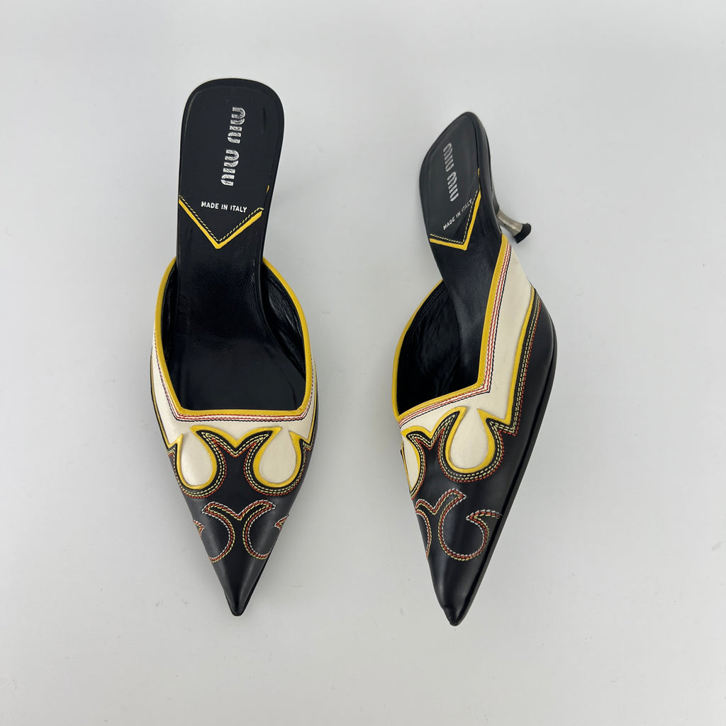 Miu Miu | Vintage Western Black White Yellow Leather Pointed Toe Slide Mules (35.5)