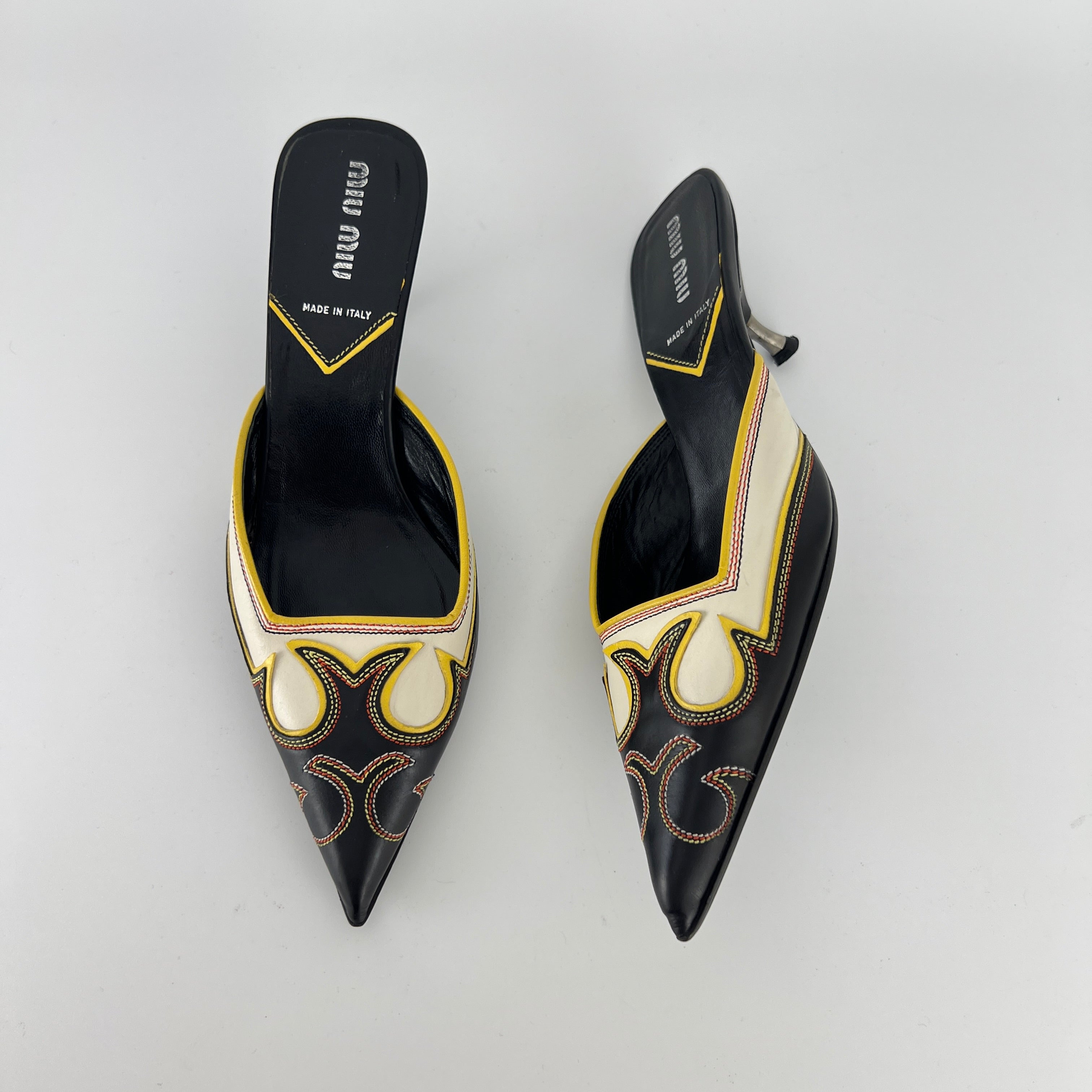 Miu Miu | Vintage Western Black White Yellow Leather Pointed Toe Slide Mules (35.5)
