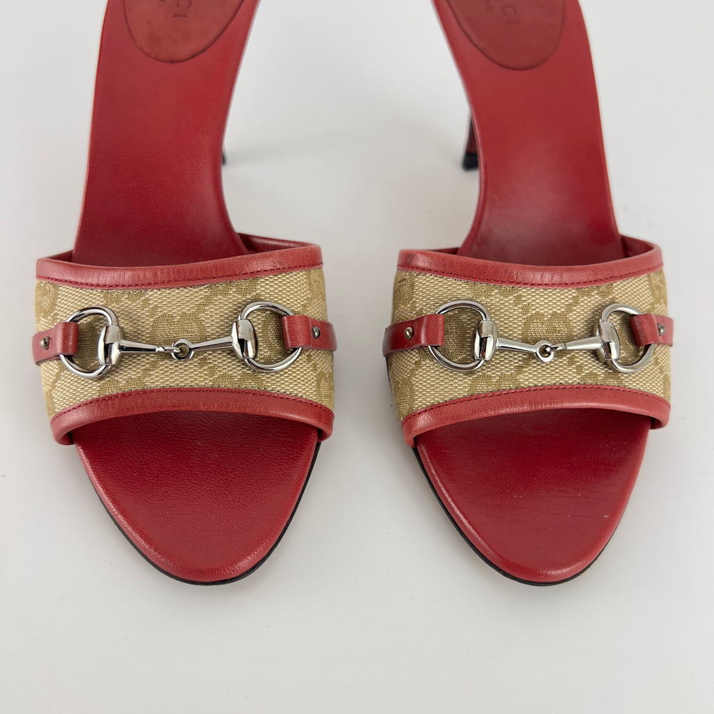 Gucci | Tom Ford Era Horse Bit Red Monogram GG Canvas Mules (36)