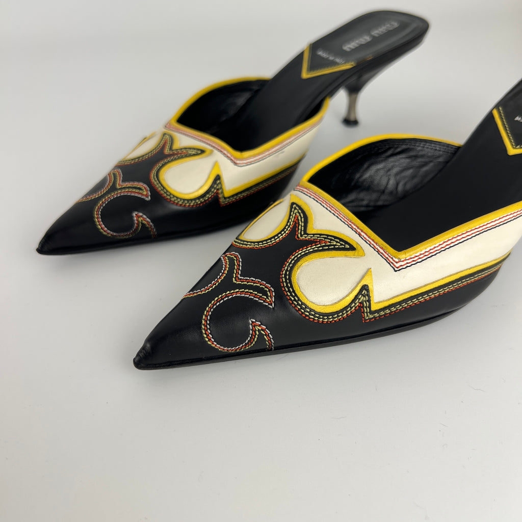 Miu Miu | Vintage Western Black White Yellow Leather Pointed Toe Slide Mules (35.5)