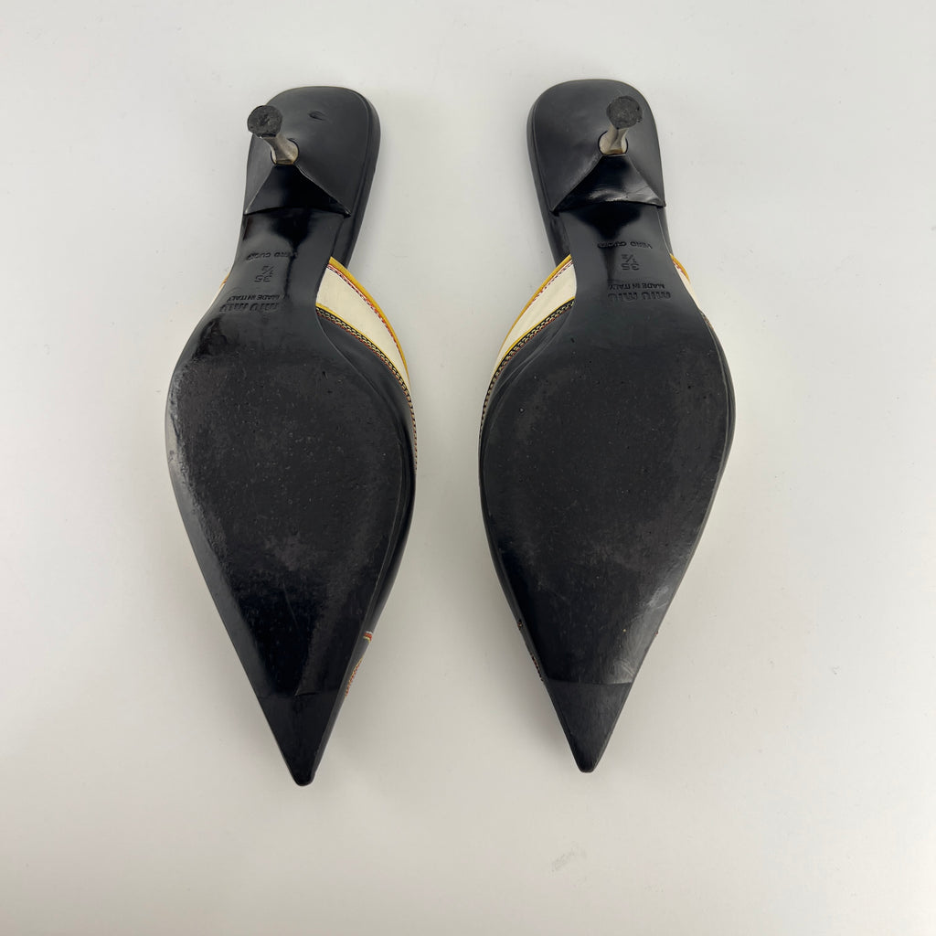 Miu Miu | Vintage Western Black White Yellow Leather Pointed Toe Slide Mules (35.5)