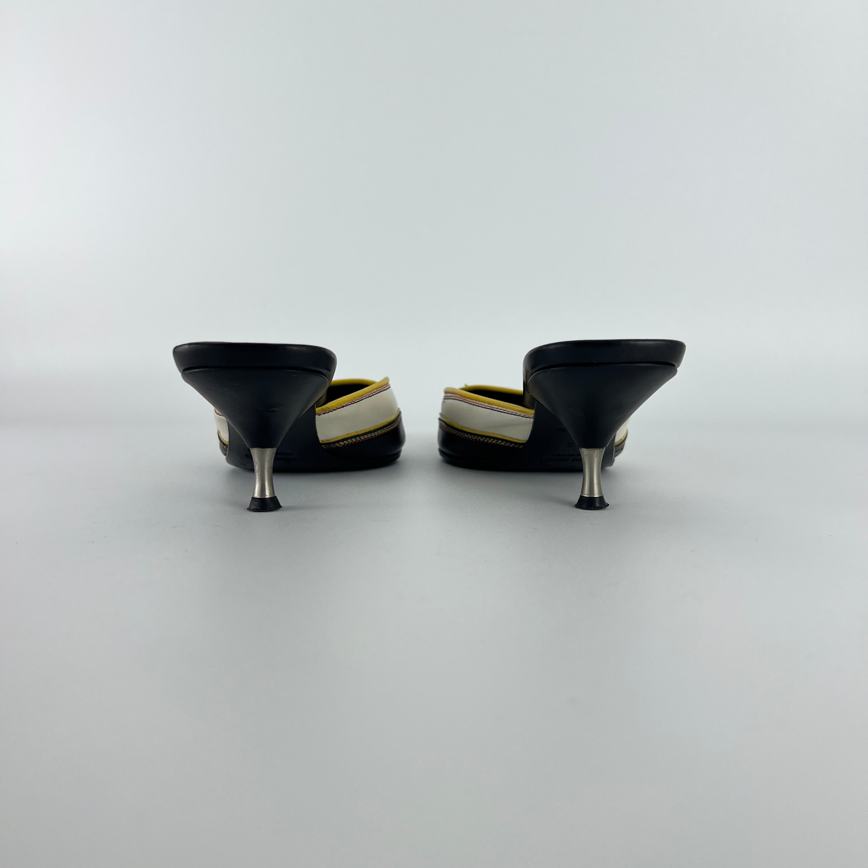 Miu Miu | Vintage Western Black White Yellow Leather Pointed Toe Slide Mules (35.5)