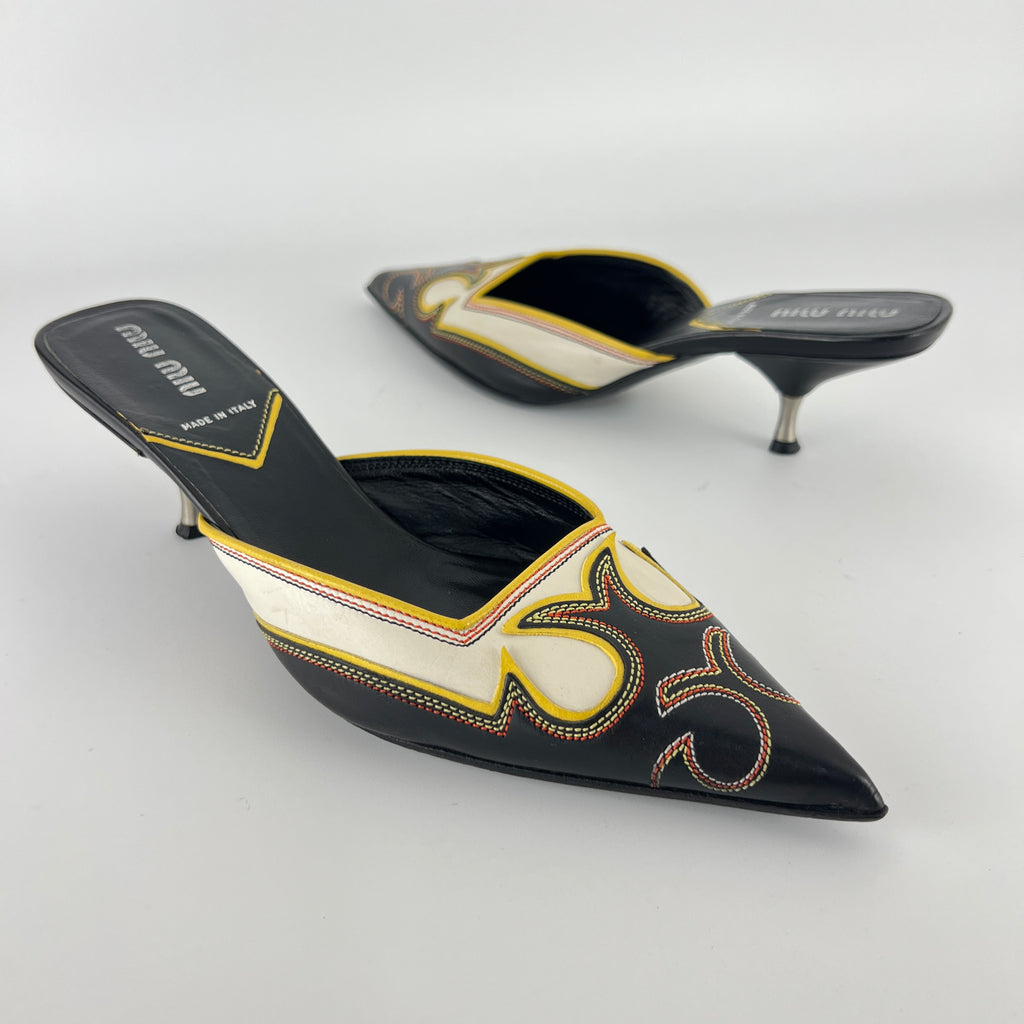 Miu Miu | Vintage Western Black White Yellow Leather Pointed Toe Slide Mules (35.5)