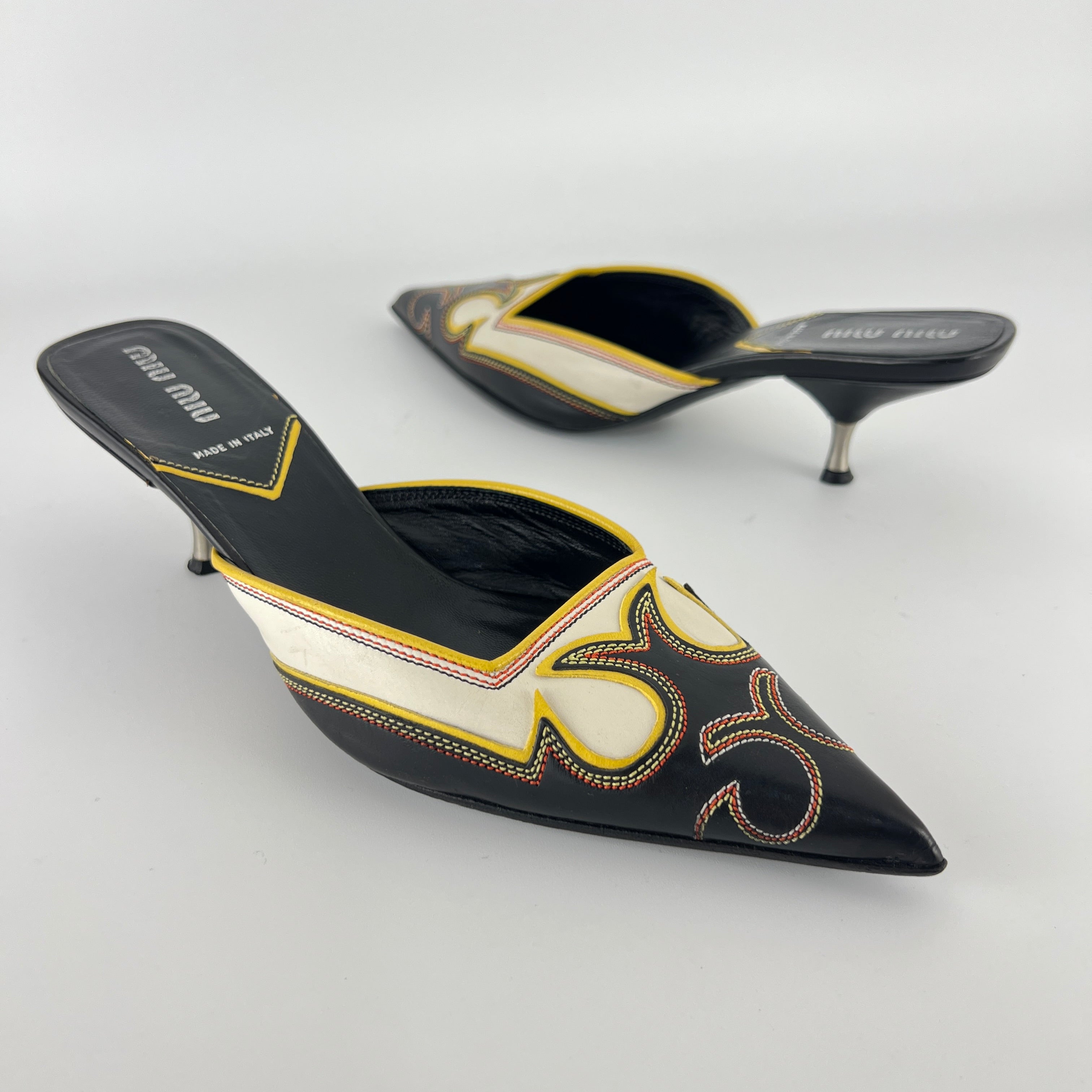 Miu Miu | Vintage Western Black White Yellow Leather Pointed Toe Slide Mules (35.5)