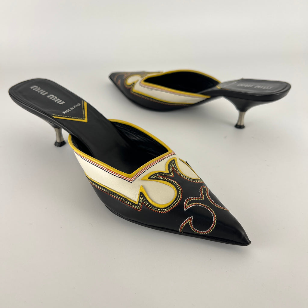 Miu Miu | Vintage Western Black White Yellow Leather Pointed Toe Slide Mules (35.5)