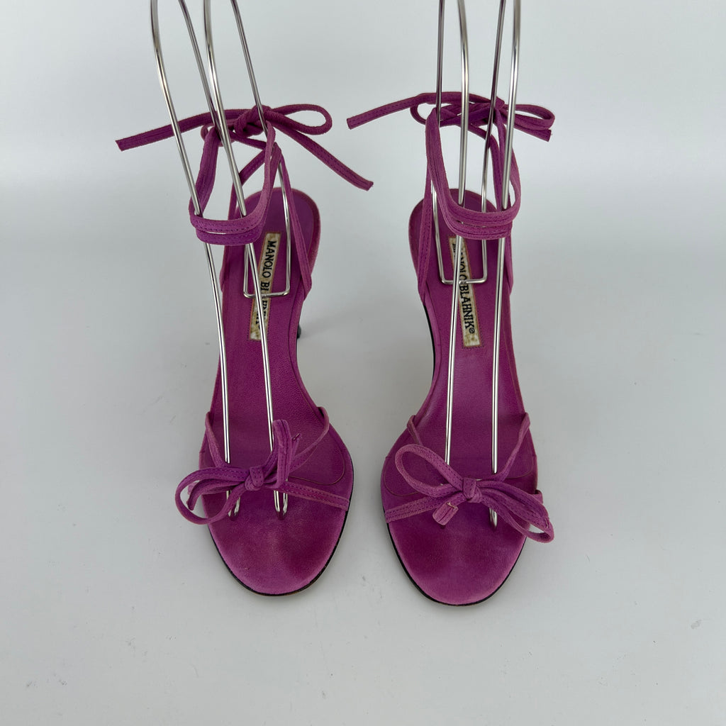 Manolo Blahnik | Purple Suede Leather Ribbon Bow Lace Up Sandal Heels (35.5)