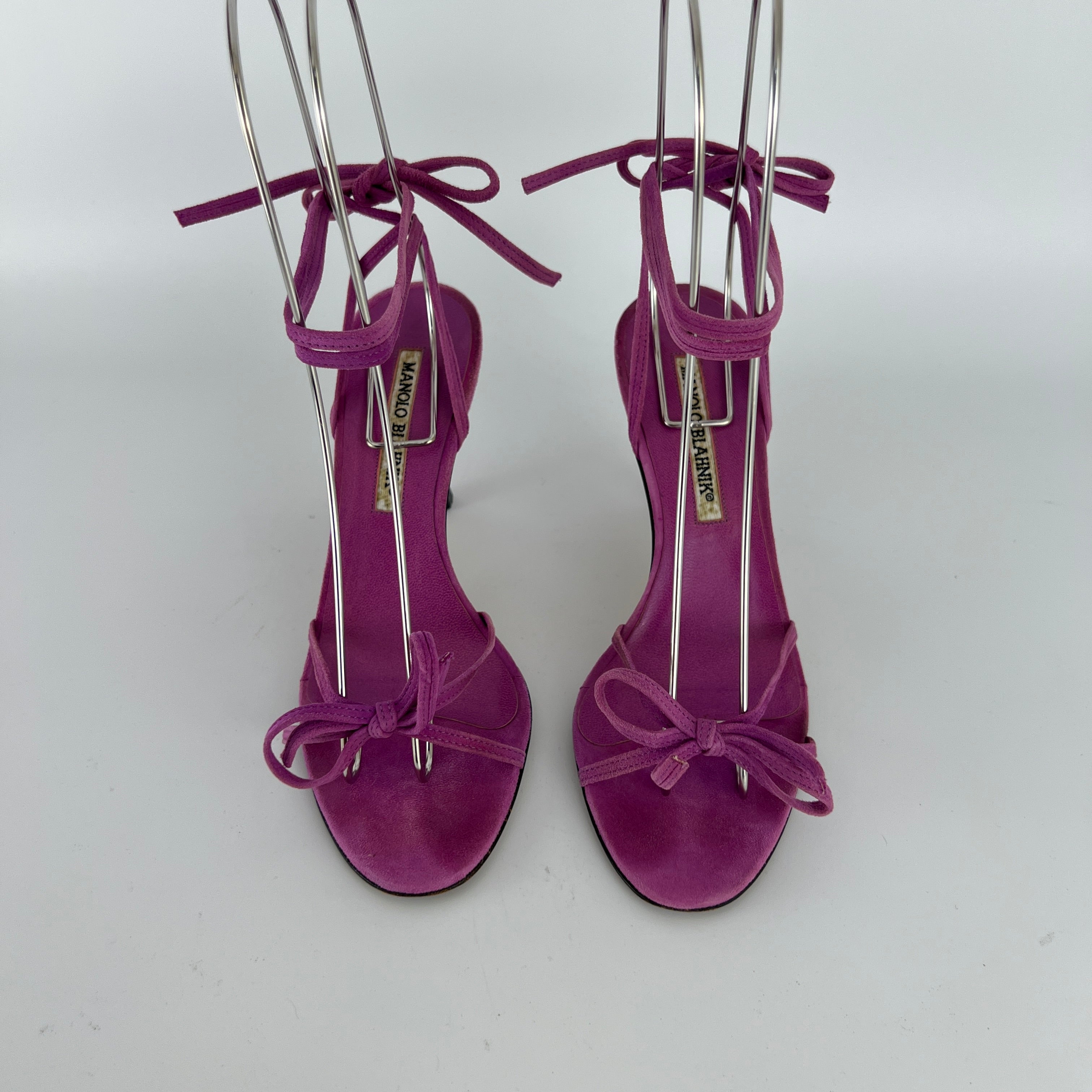 Manolo Blahnik | Purple Suede Leather Ribbon Bow Lace Up Sandal Heels (35.5)