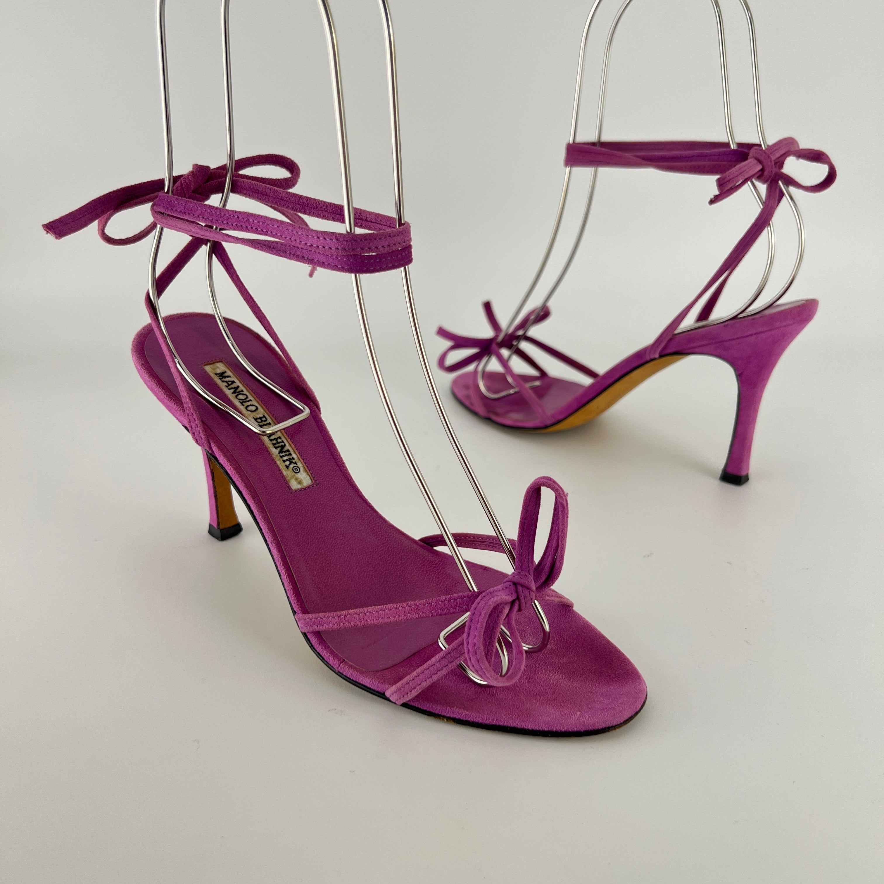 Manolo Blahnik | Purple Suede Leather Ribbon Bow Lace Up Sandal Heels (35.5)