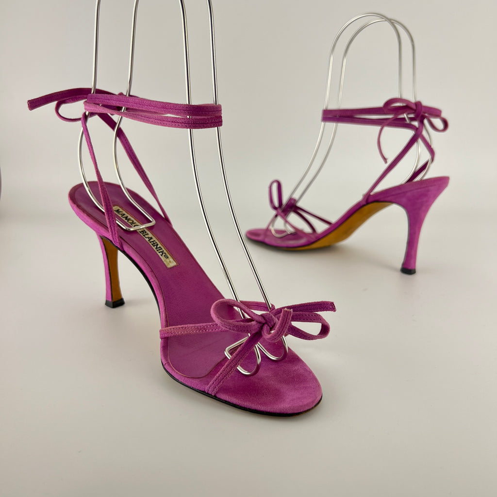 Manolo Blahnik | Purple Suede Leather Ribbon Bow Lace Up Sandal Heels (35.5)