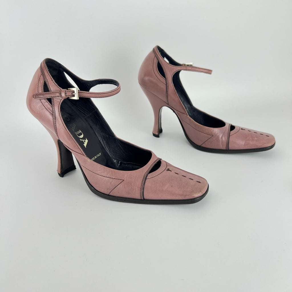 Prada | Vintage Dusty Rose Pink Leather Square Toe Ankle Wrap Pump (35.5)