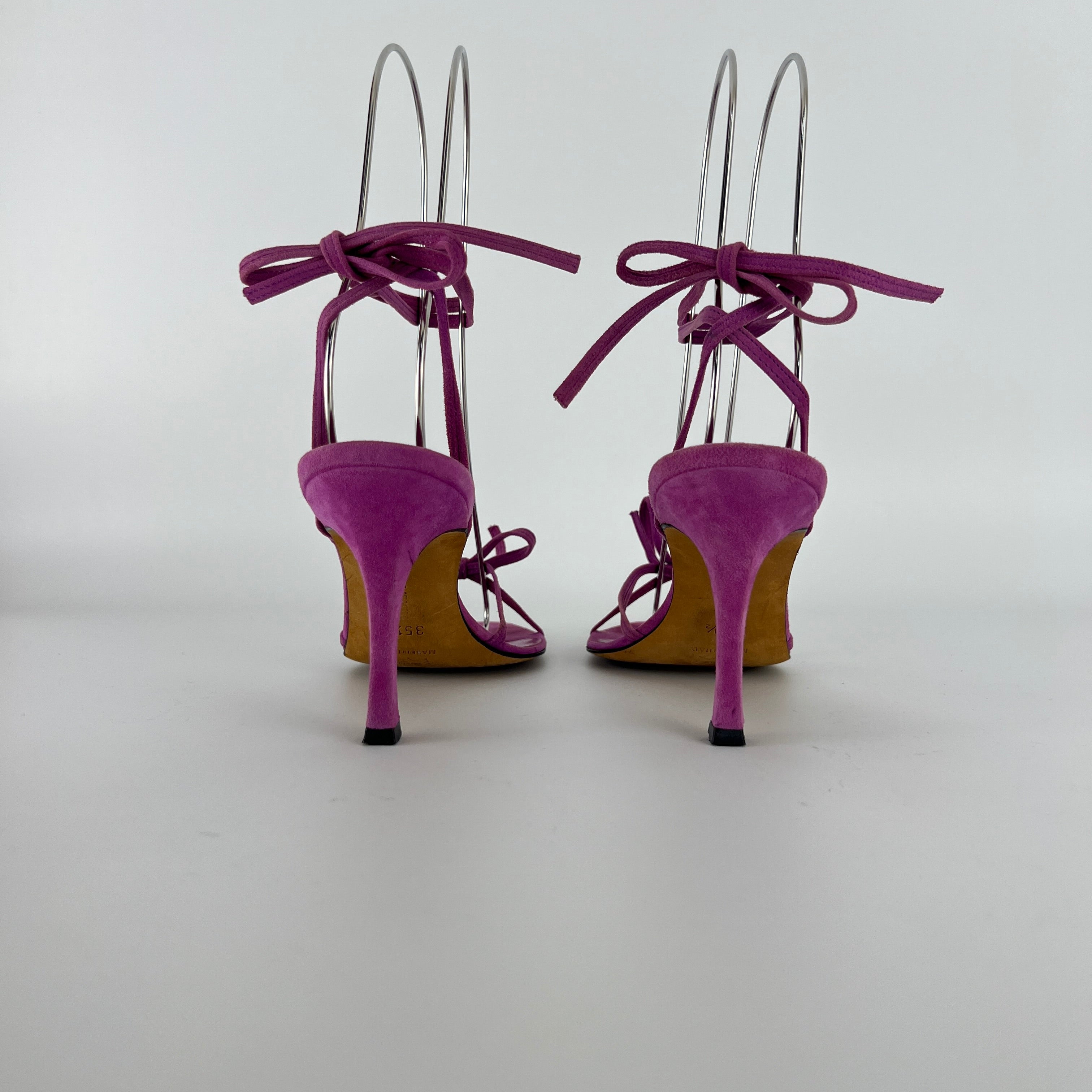 Manolo Blahnik | Purple Suede Leather Ribbon Bow Lace Up Sandal Heels (35.5)
