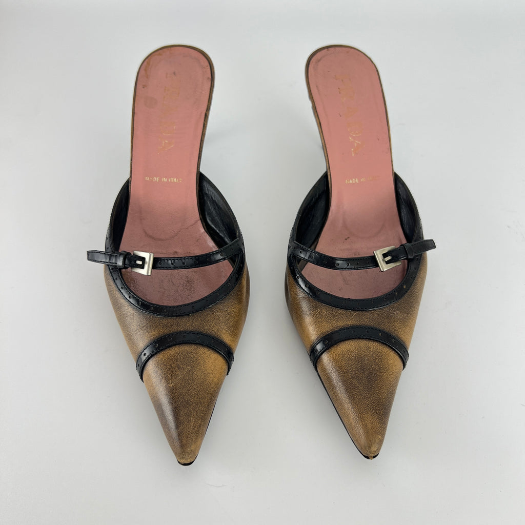 Prada | Vintage Brown Leather Buckle Pointed Toe Slide Mules (36)