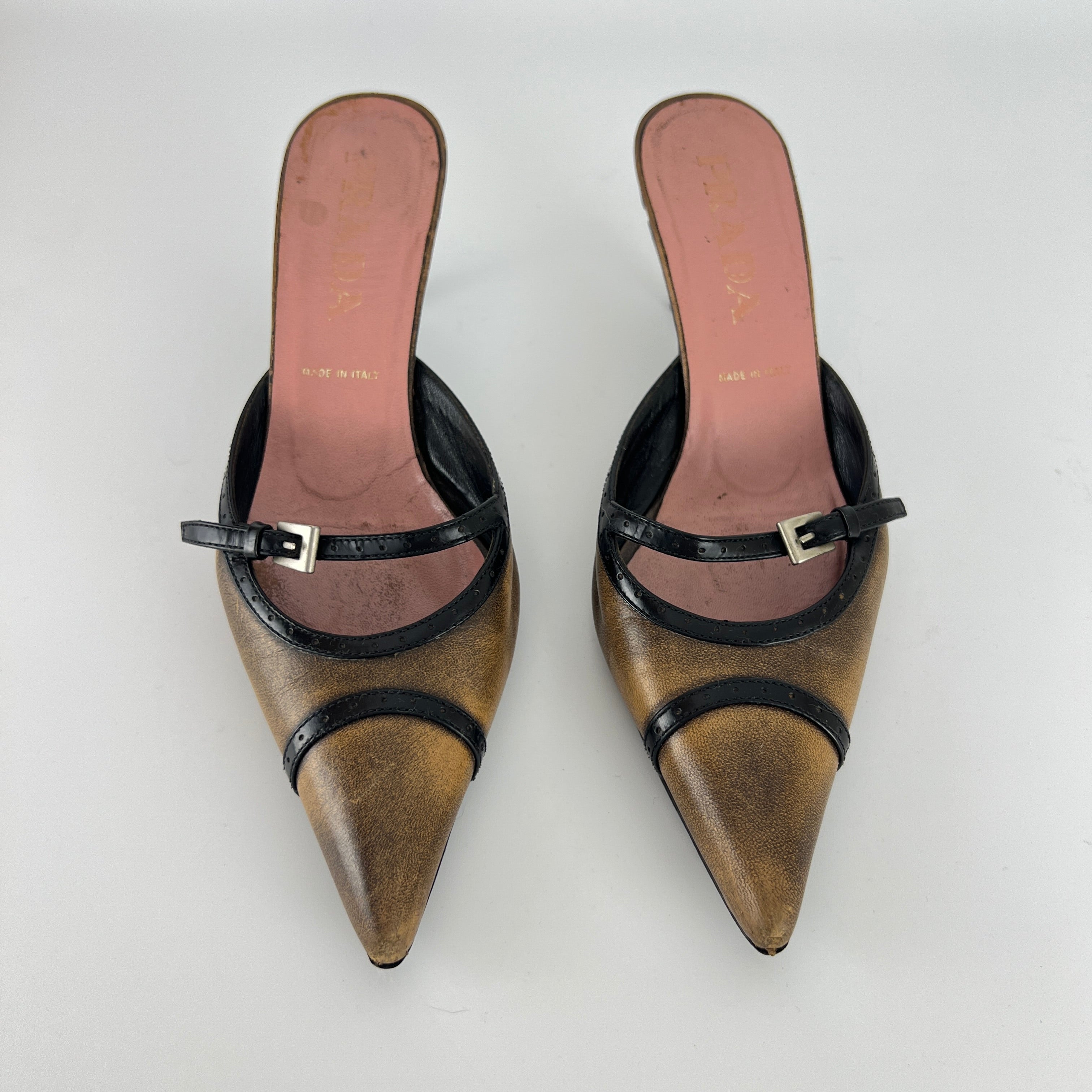 Prada | Vintage Brown Leather Buckle Pointed Toe Slide Mules (36)