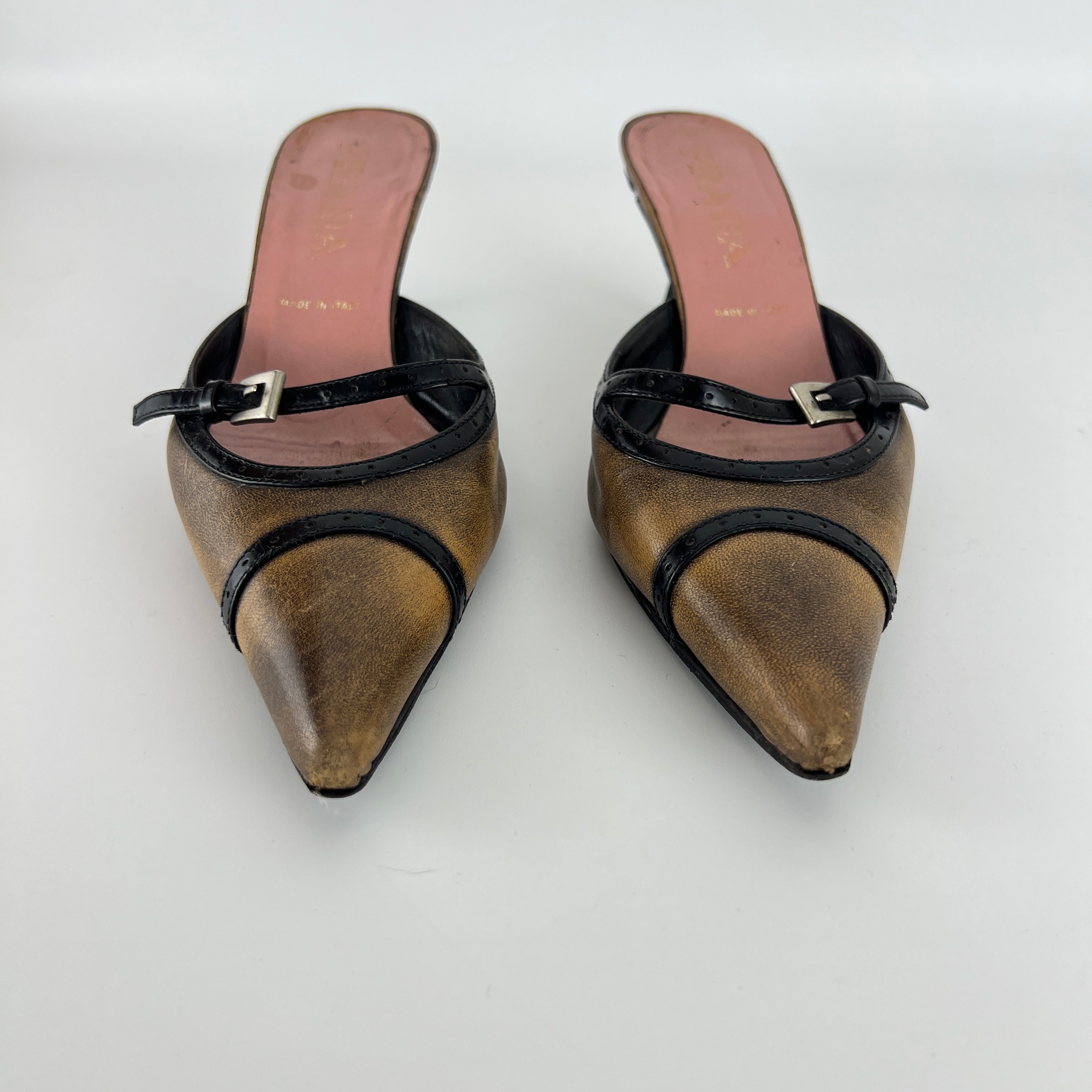 Prada | Vintage Brown Leather Buckle Pointed Toe Slide Mules (36)