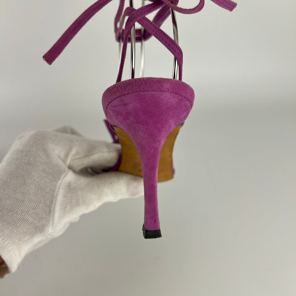 Manolo Blahnik | Purple Suede Leather Ribbon Bow Lace Up Sandal Heels (35.5)