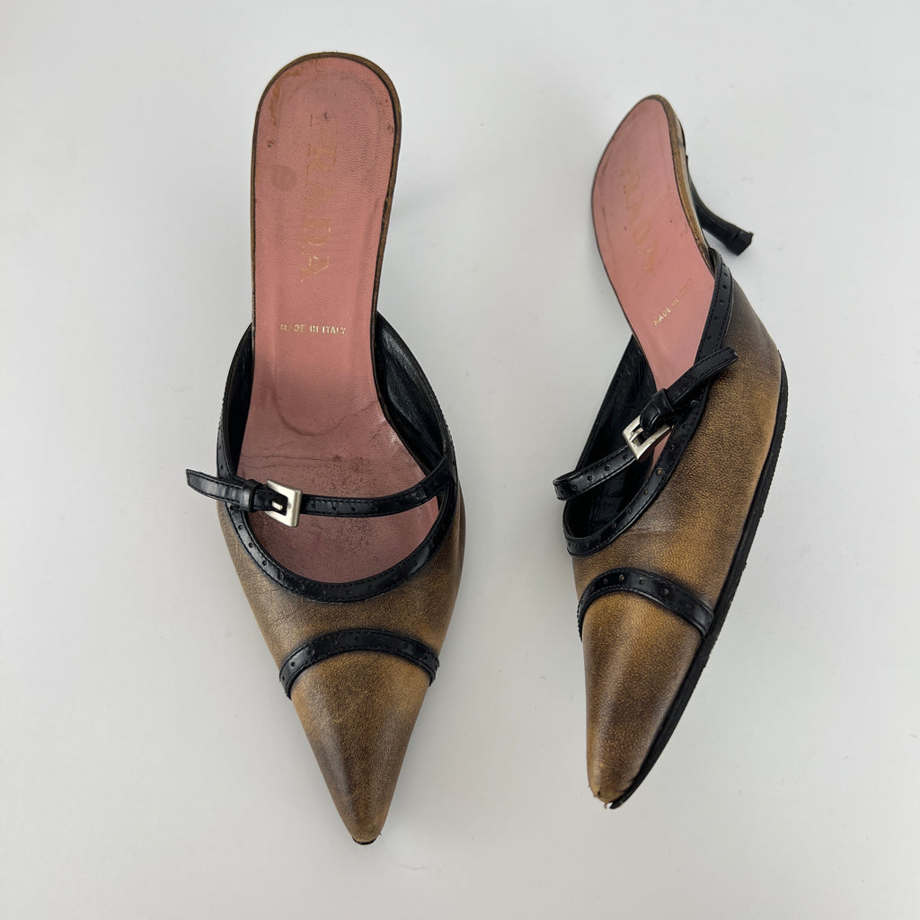 Prada | Vintage Brown Leather Buckle Pointed Toe Slide Mules (36)