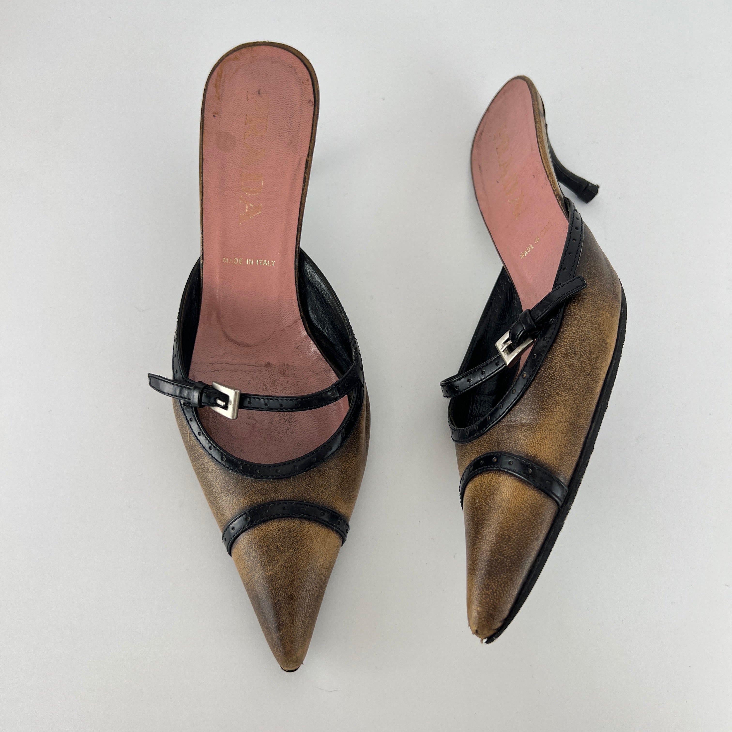 Prada | Vintage Brown Leather Buckle Pointed Toe Slide Mules (36)