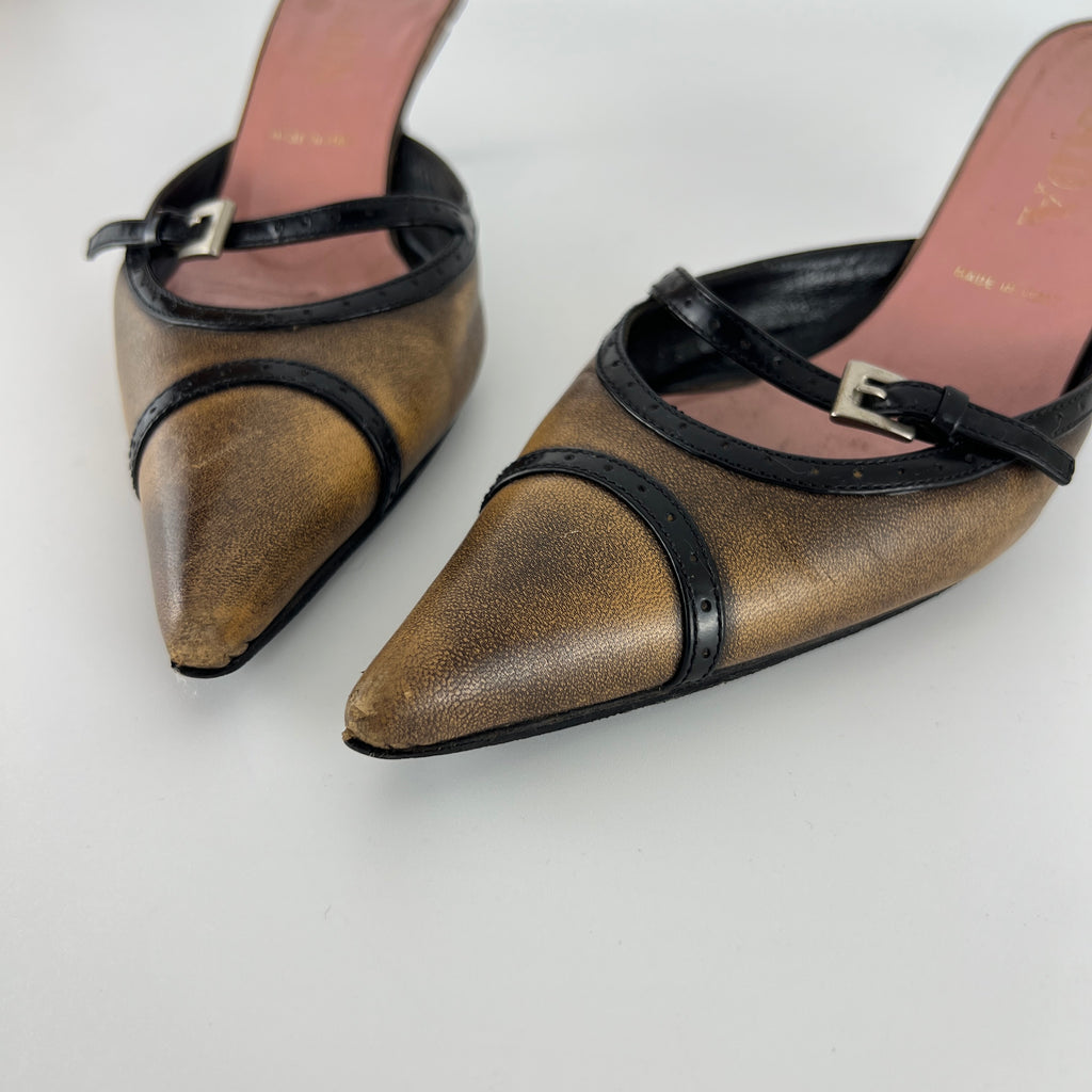 Prada | Vintage Brown Leather Buckle Pointed Toe Slide Mules (36)