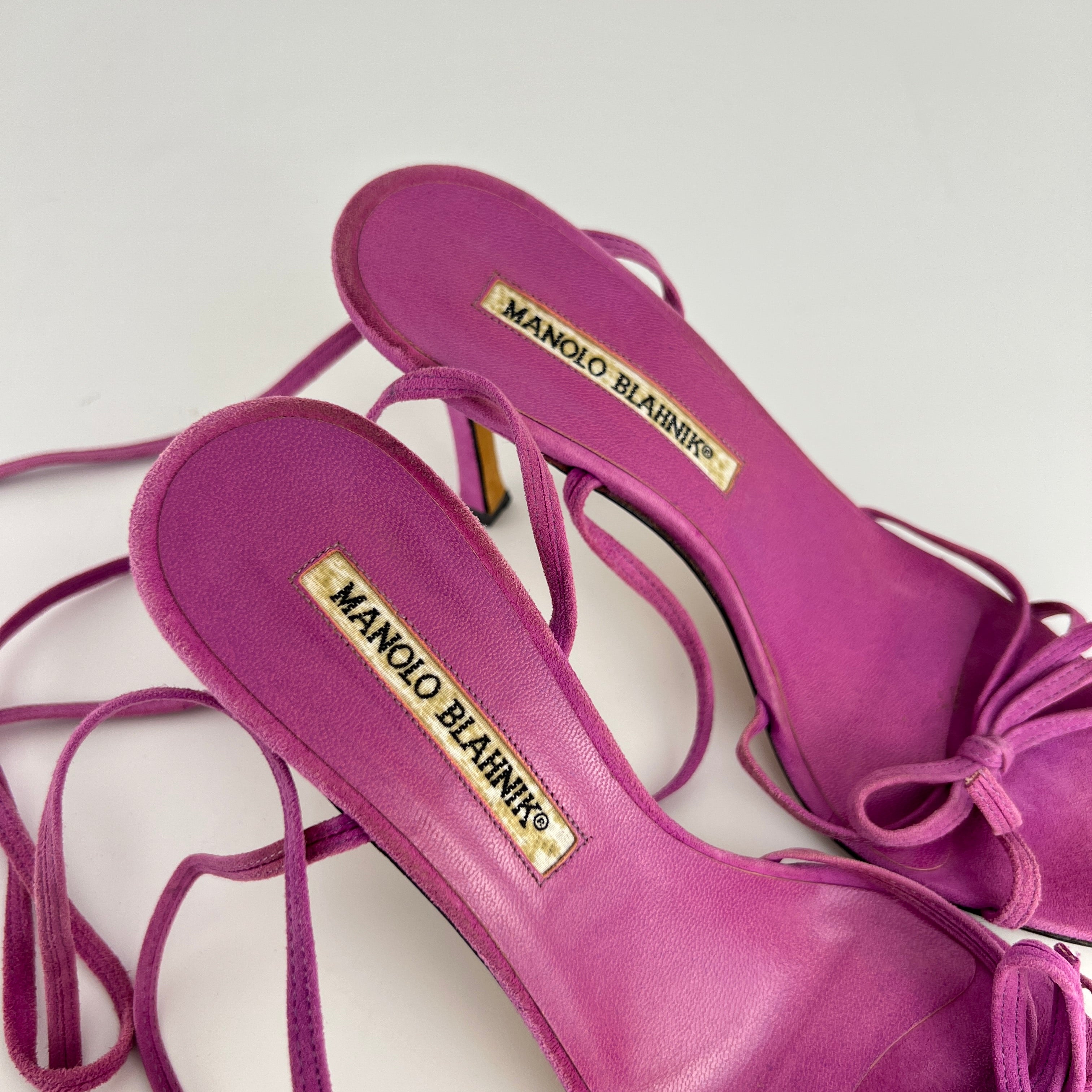 Manolo Blahnik | Purple Suede Leather Ribbon Bow Lace Up Sandal Heels (35.5)