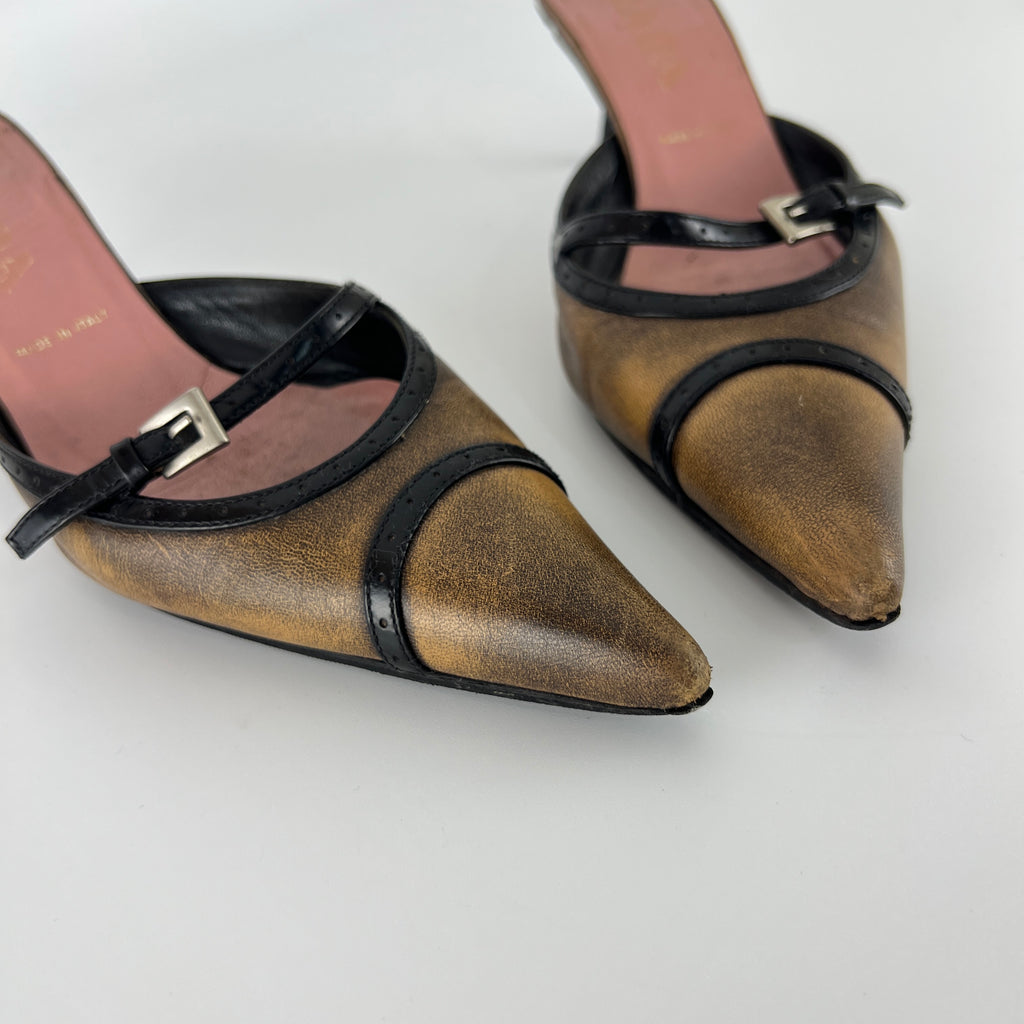 Prada | Vintage Brown Leather Buckle Pointed Toe Slide Mules (36)