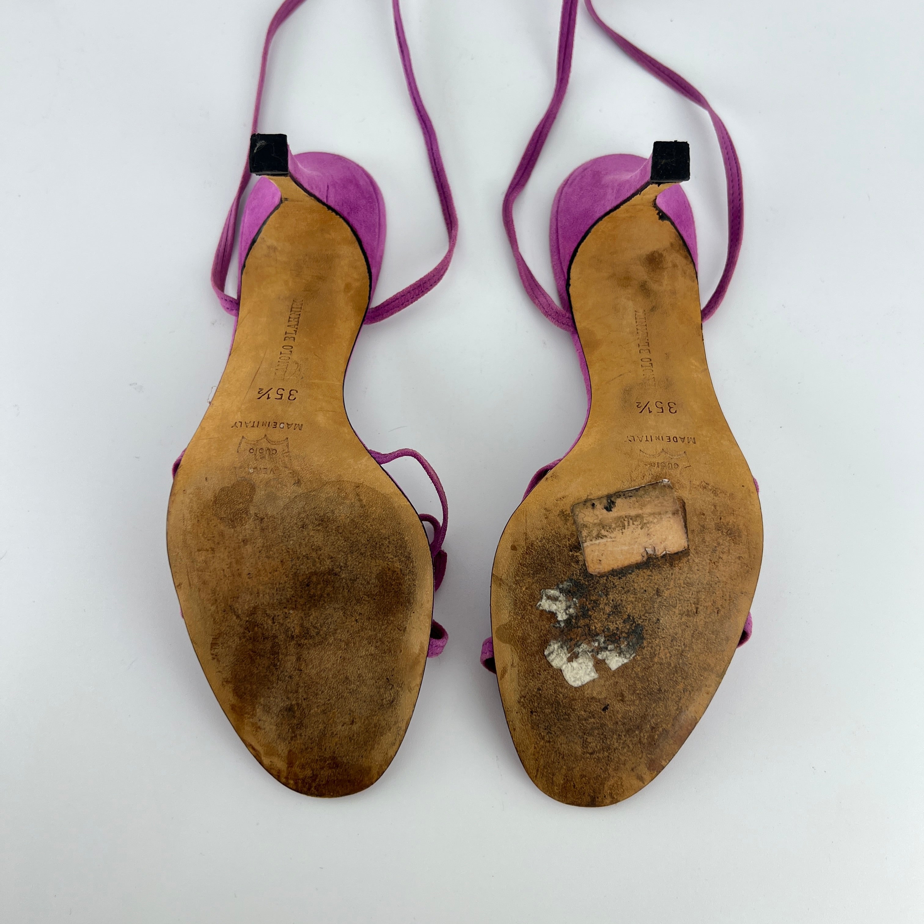 Manolo Blahnik | Purple Suede Leather Ribbon Bow Lace Up Sandal Heels (35.5)