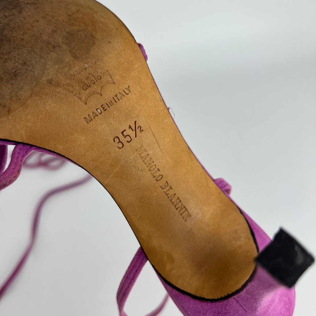 Manolo Blahnik | Purple Suede Leather Ribbon Bow Lace Up Sandal Heels (35.5)