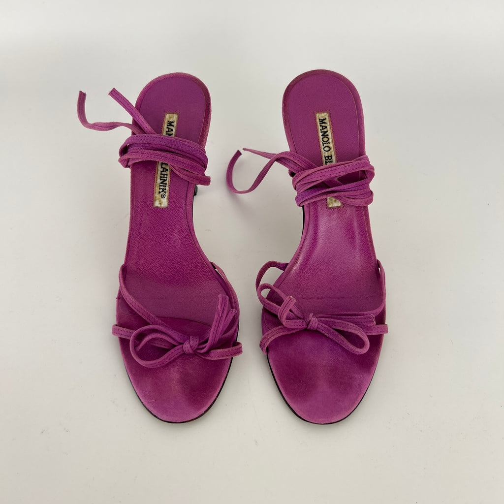 Manolo Blahnik | Purple Suede Leather Ribbon Bow Lace Up Sandal Heels (35.5)