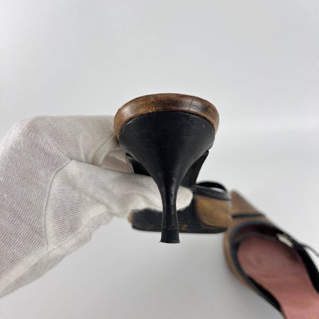 Prada | Vintage Brown Leather Buckle Pointed Toe Slide Mules (36)