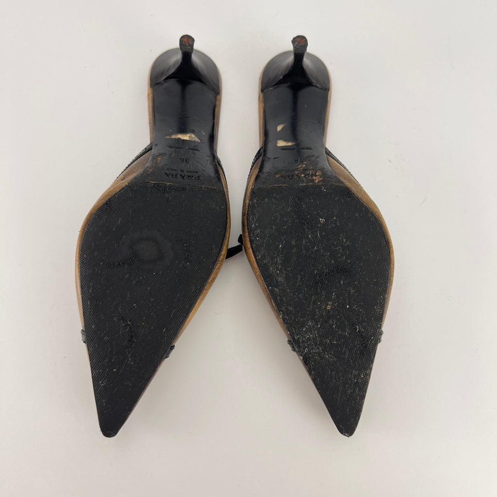 Prada | Vintage Brown Leather Buckle Pointed Toe Slide Mules (36)
