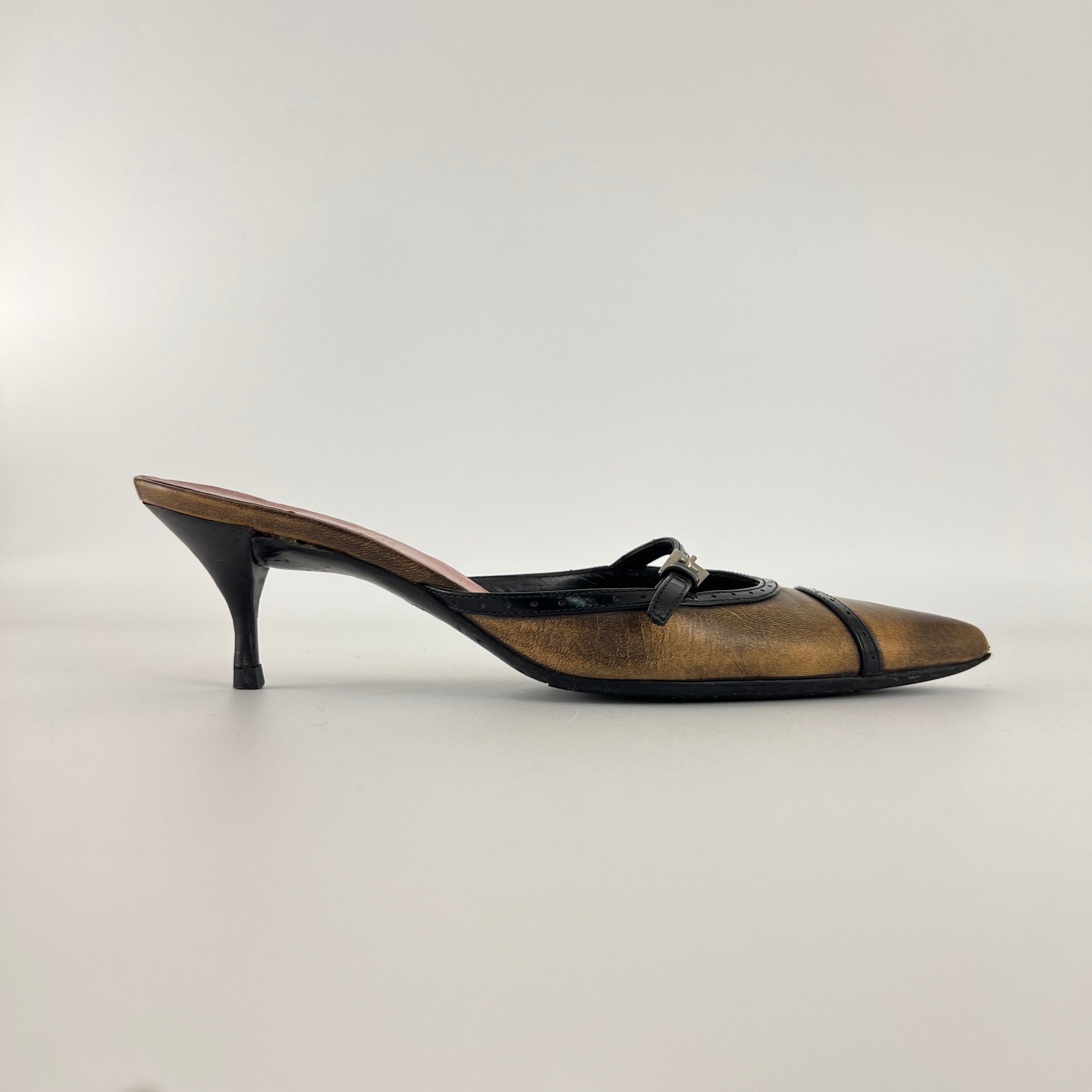 Prada | Vintage Brown Leather Buckle Pointed Toe Slide Mules (36)