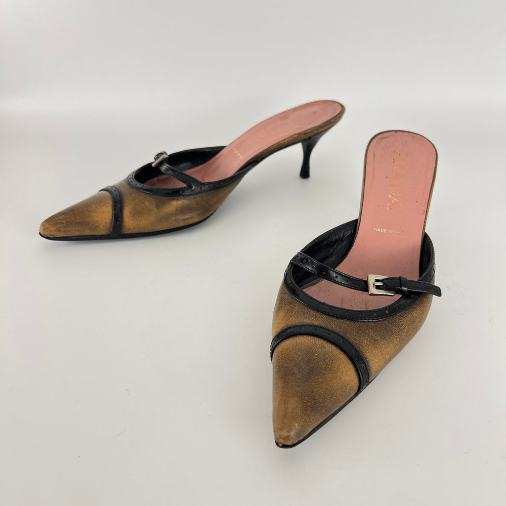 Prada | Vintage Brown Leather Buckle Pointed Toe Slide Mules (36)