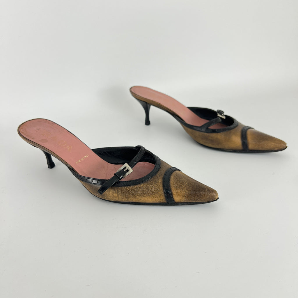 Prada | Vintage Brown Leather Buckle Pointed Toe Slide Mules (36)