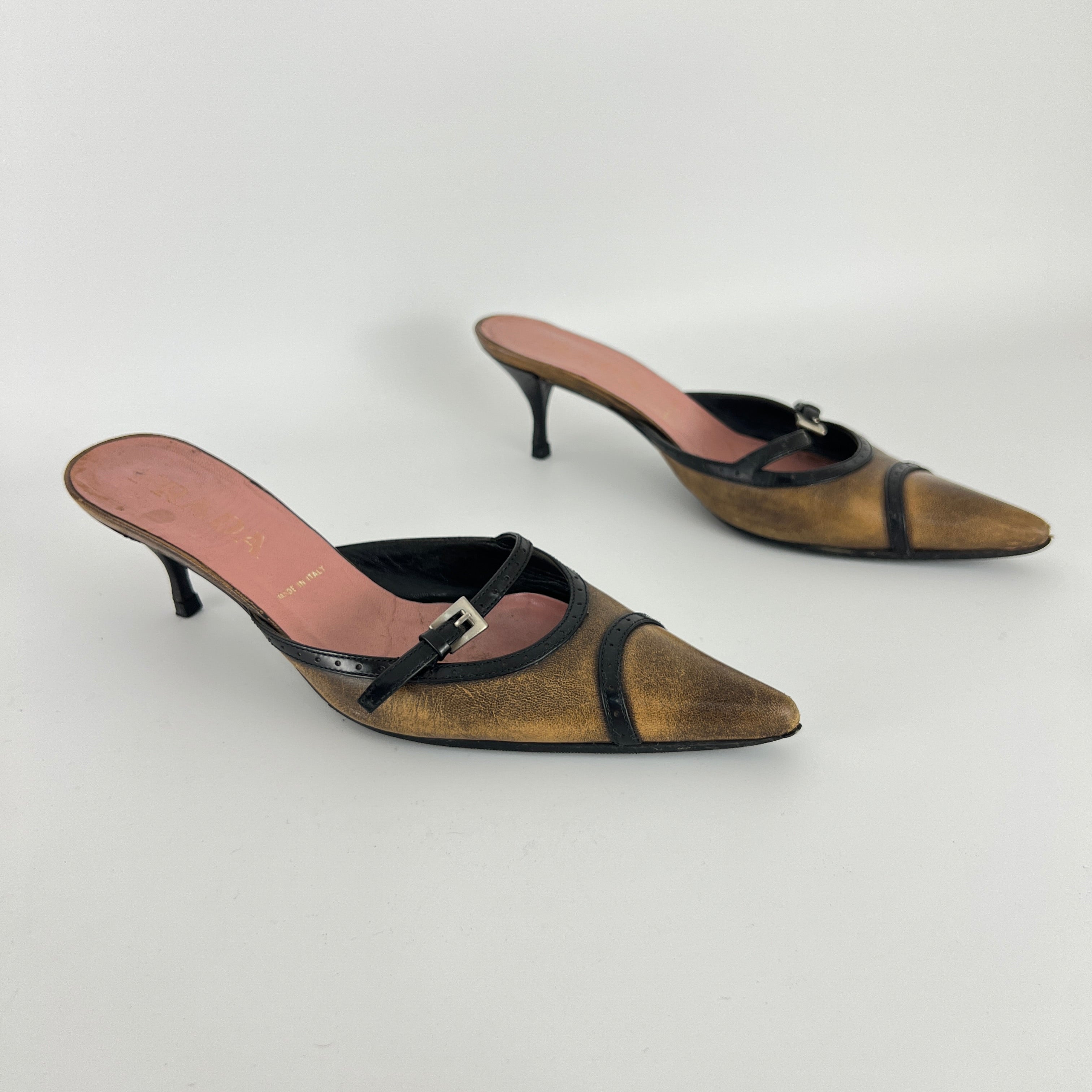 Prada | Vintage Brown Leather Buckle Pointed Toe Slide Mules (36)
