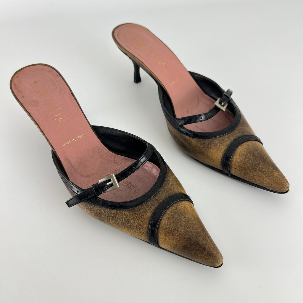 Prada | Vintage Brown Leather Buckle Pointed Toe Slide Mules (36)