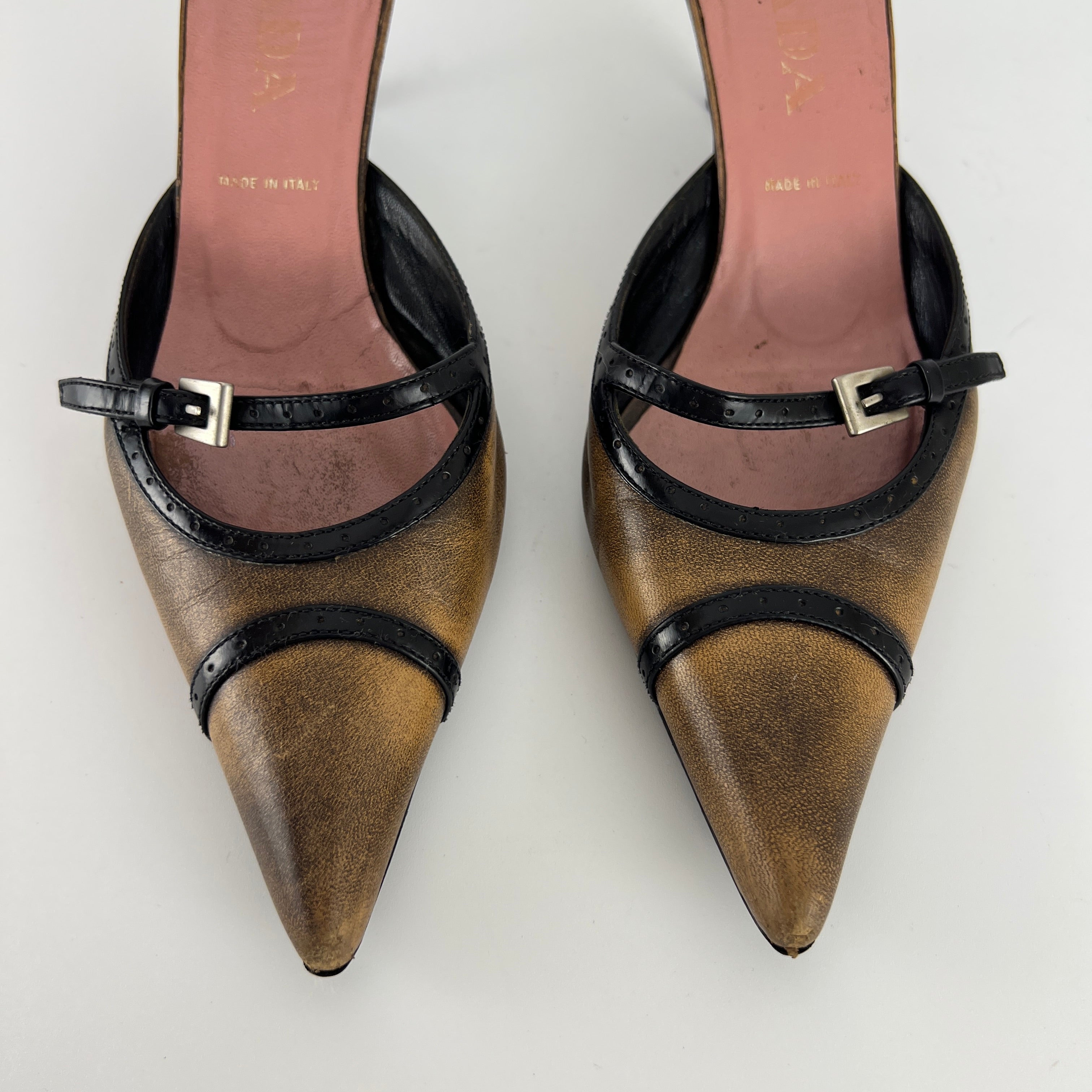 Prada | Vintage Brown Leather Buckle Pointed Toe Slide Mules (36)