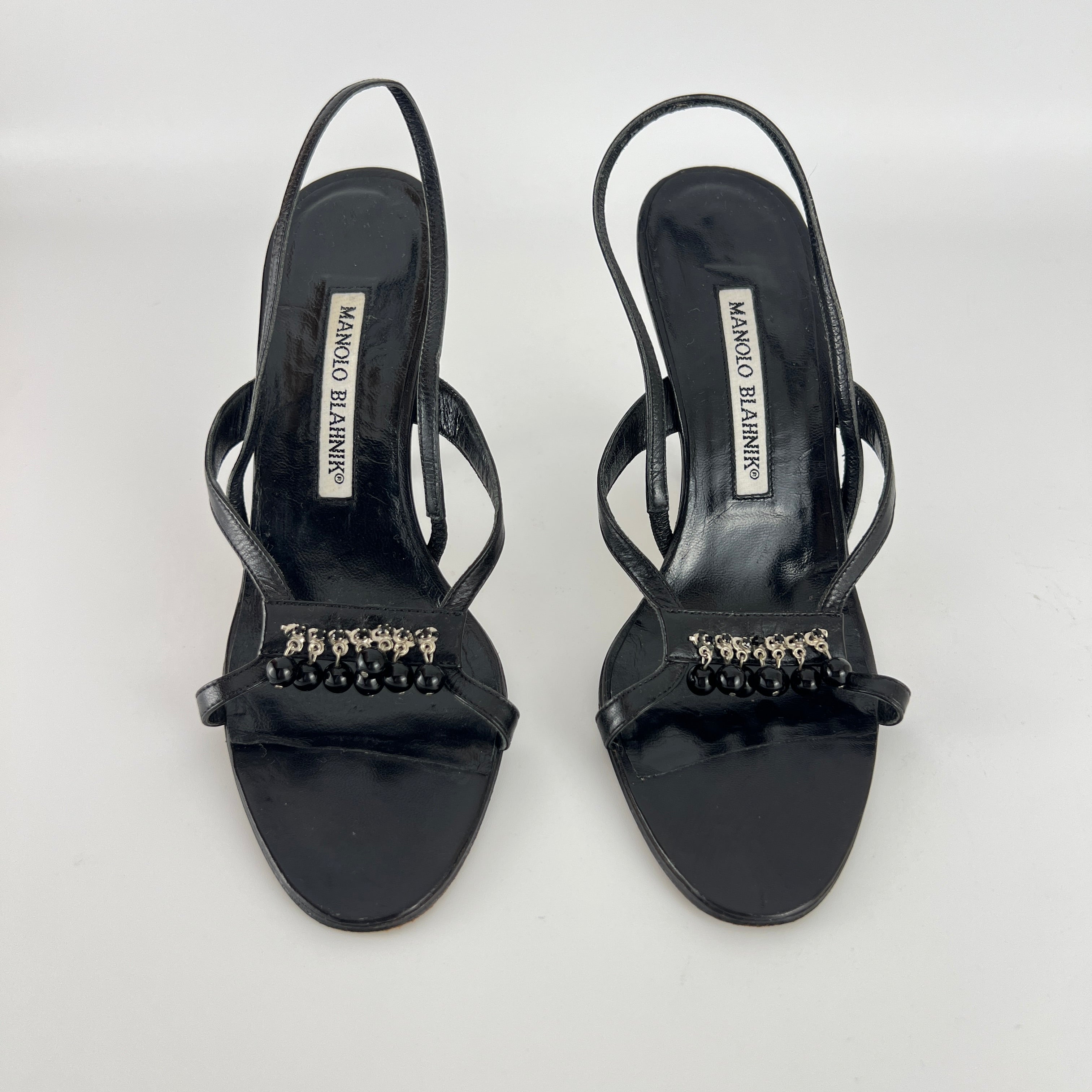 Manolo Blahnik | Black Leather Beaded Tassel Strappy Sandal Heels (35.5)
