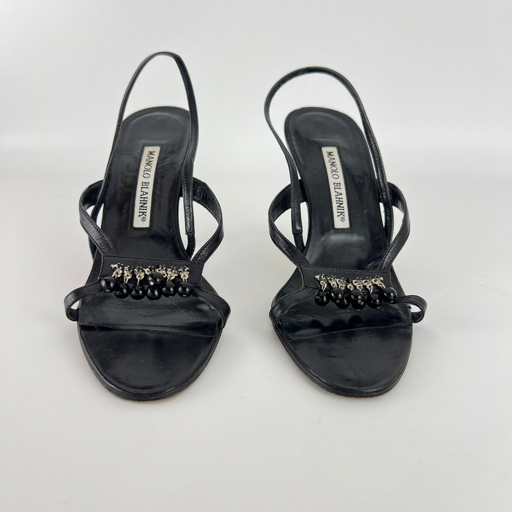 Manolo Blahnik | Black Leather Beaded Tassel Strappy Sandal Heels (35.5)