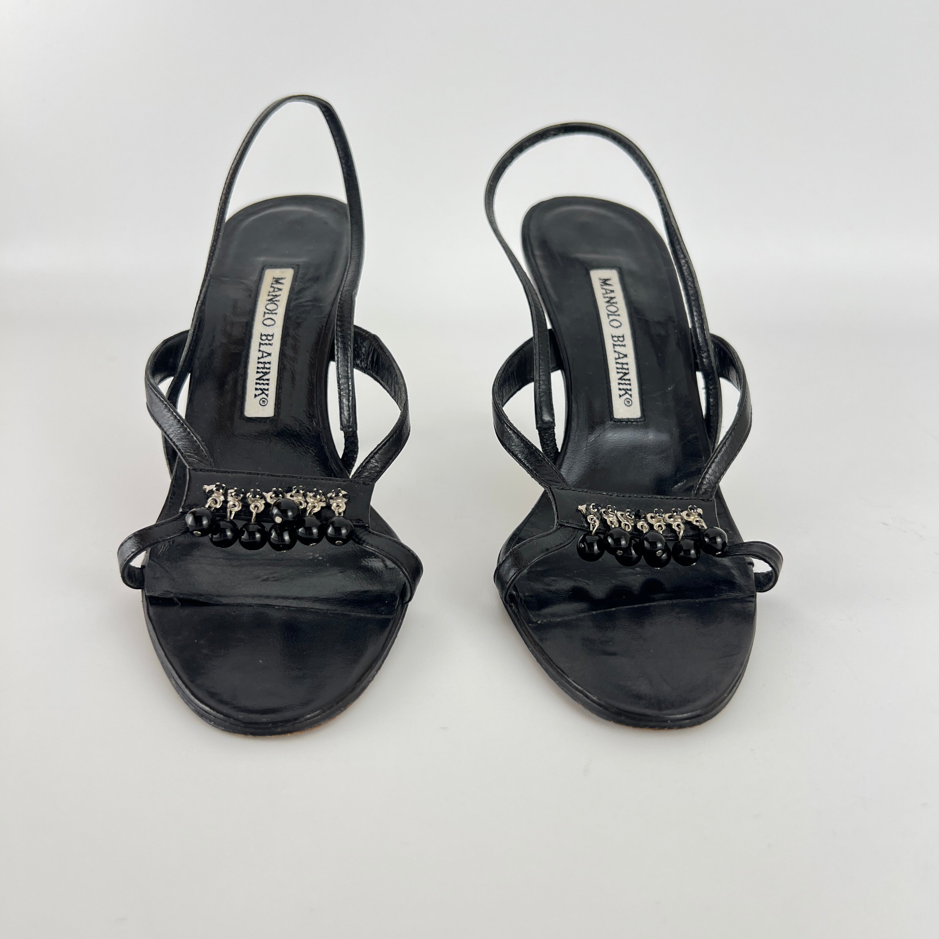 Manolo Blahnik | Black Leather Beaded Tassel Strappy Sandal Heels (35.5)