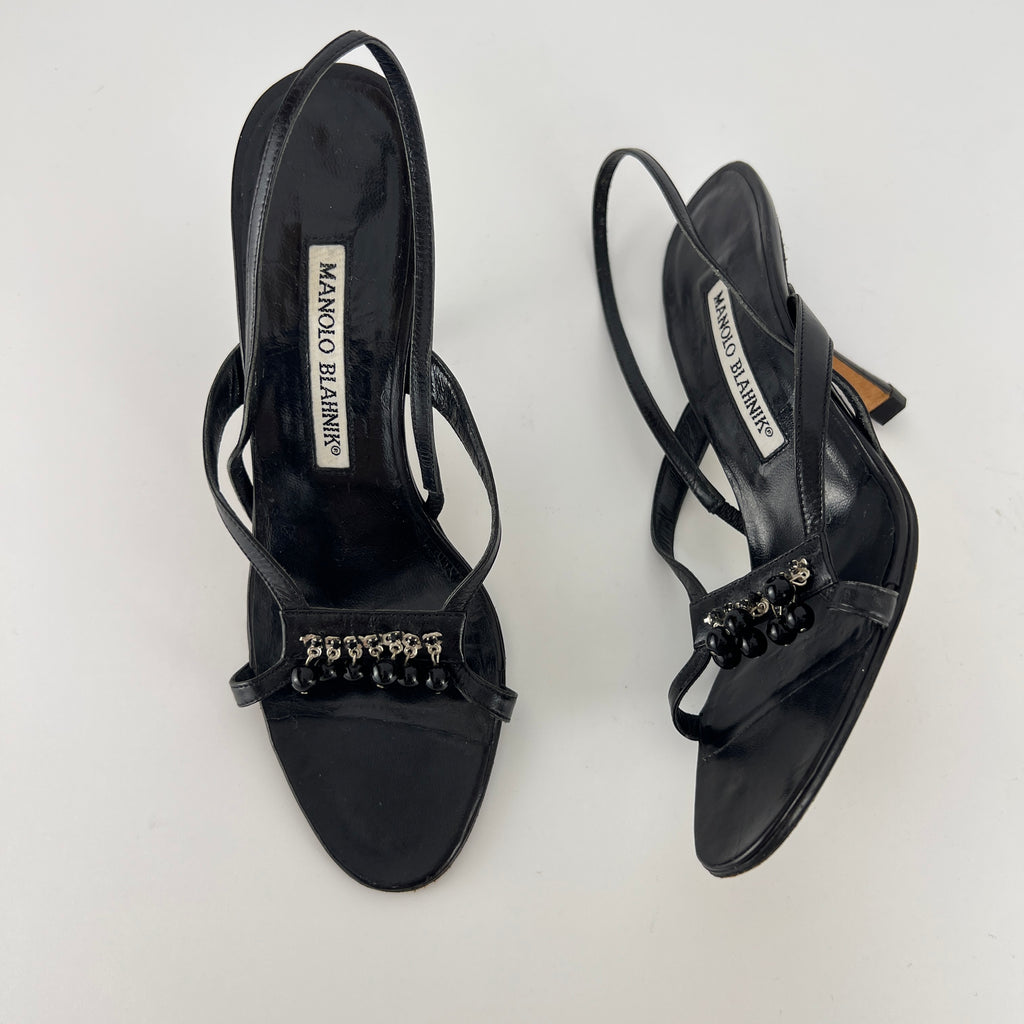 Manolo Blahnik | Black Leather Beaded Tassel Strappy Sandal Heels (35.5)