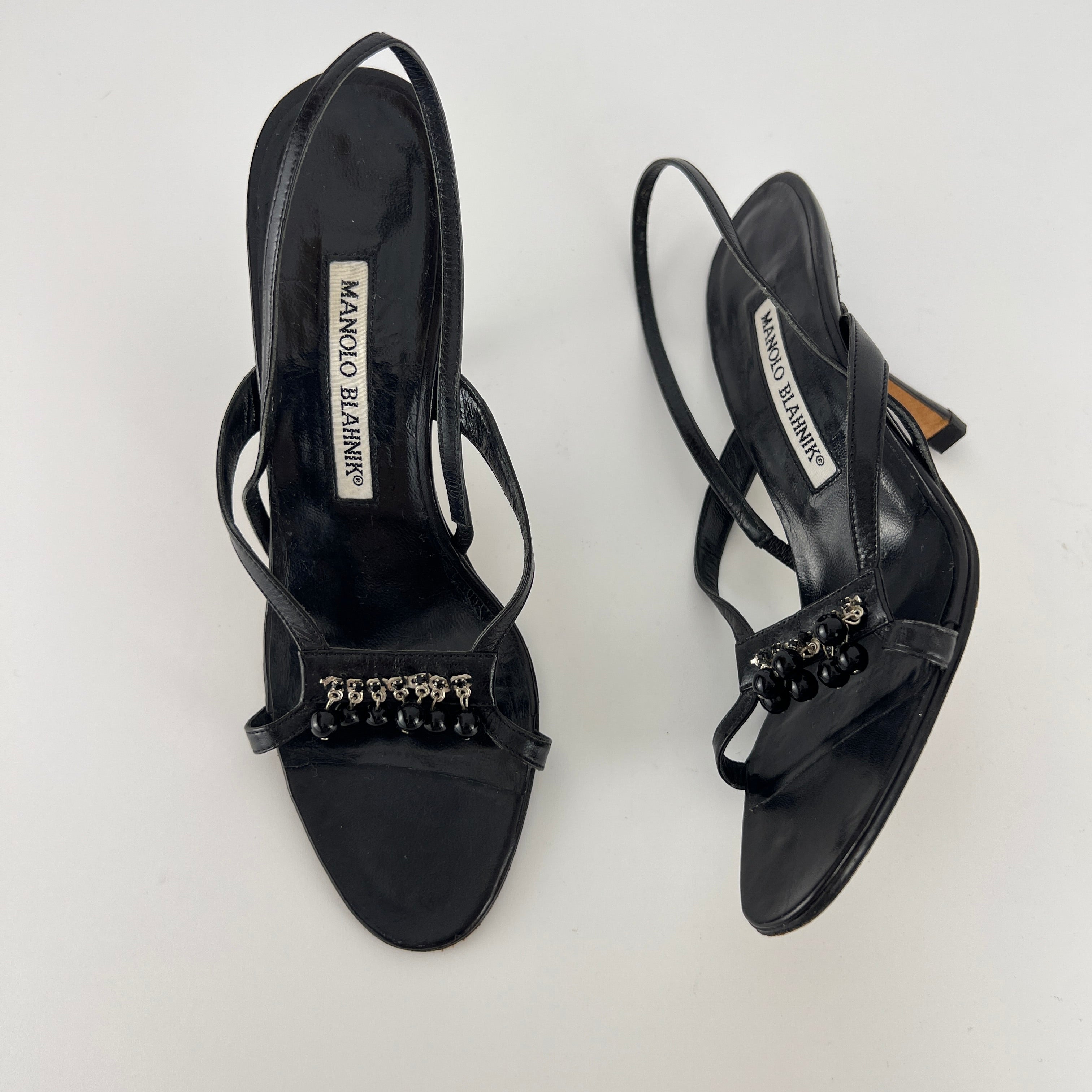 Manolo Blahnik | Black Leather Beaded Tassel Strappy Sandal Heels (35.5)
