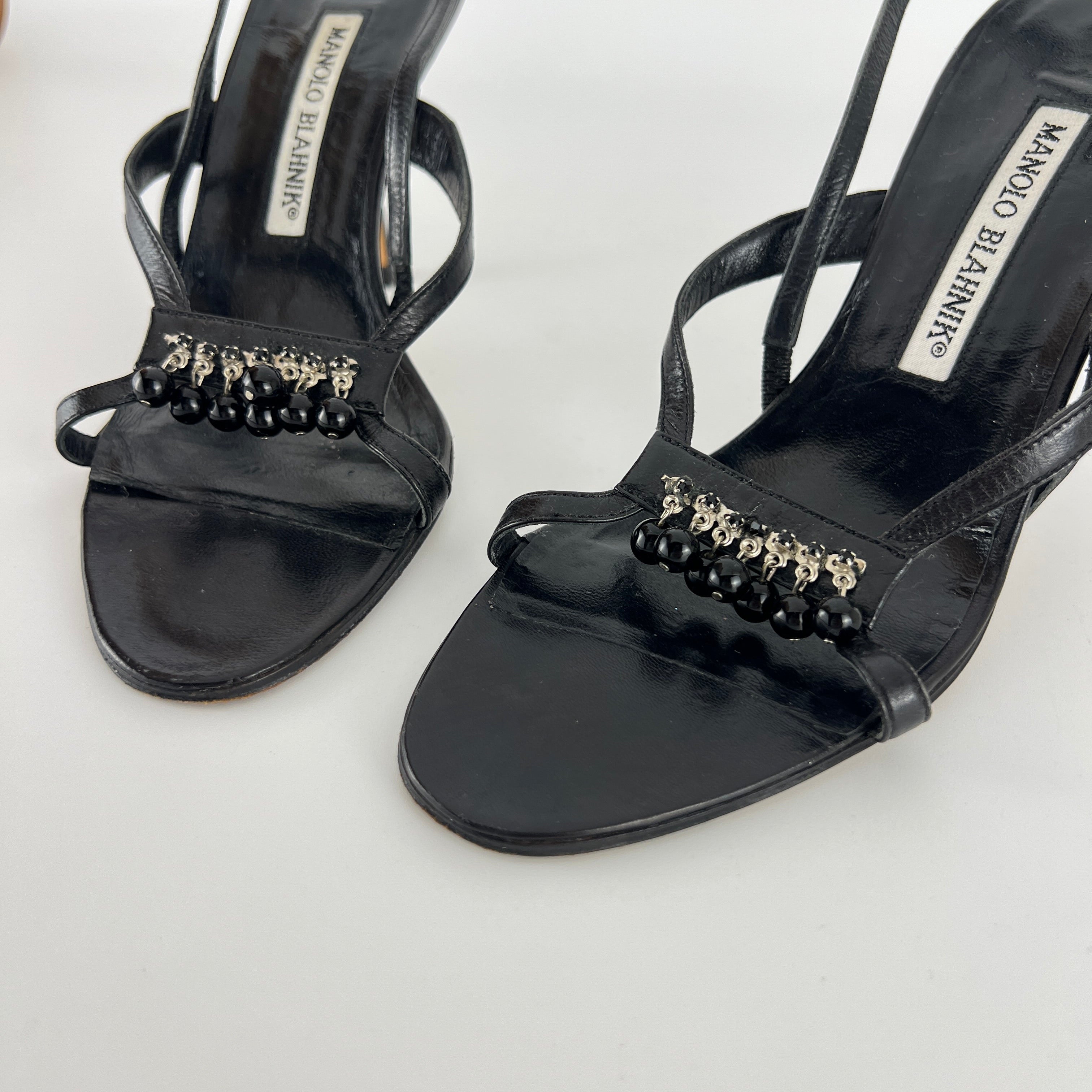 Manolo Blahnik | Black Leather Beaded Tassel Strappy Sandal Heels (35.5)